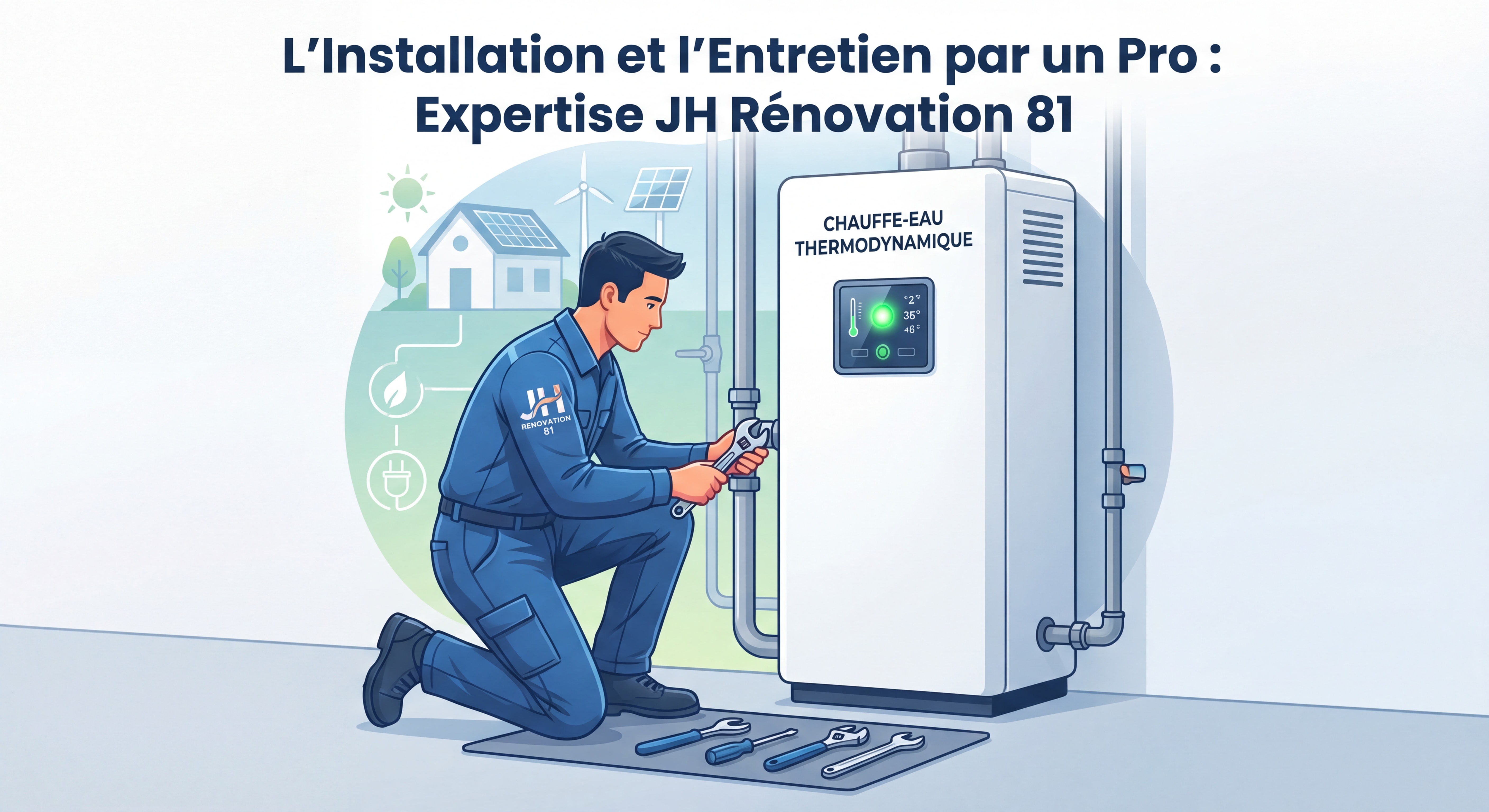 Artisan plombier de JH Renovation 81 en train d'installer ou d'entretenir un chauffe-eau thermodynamique