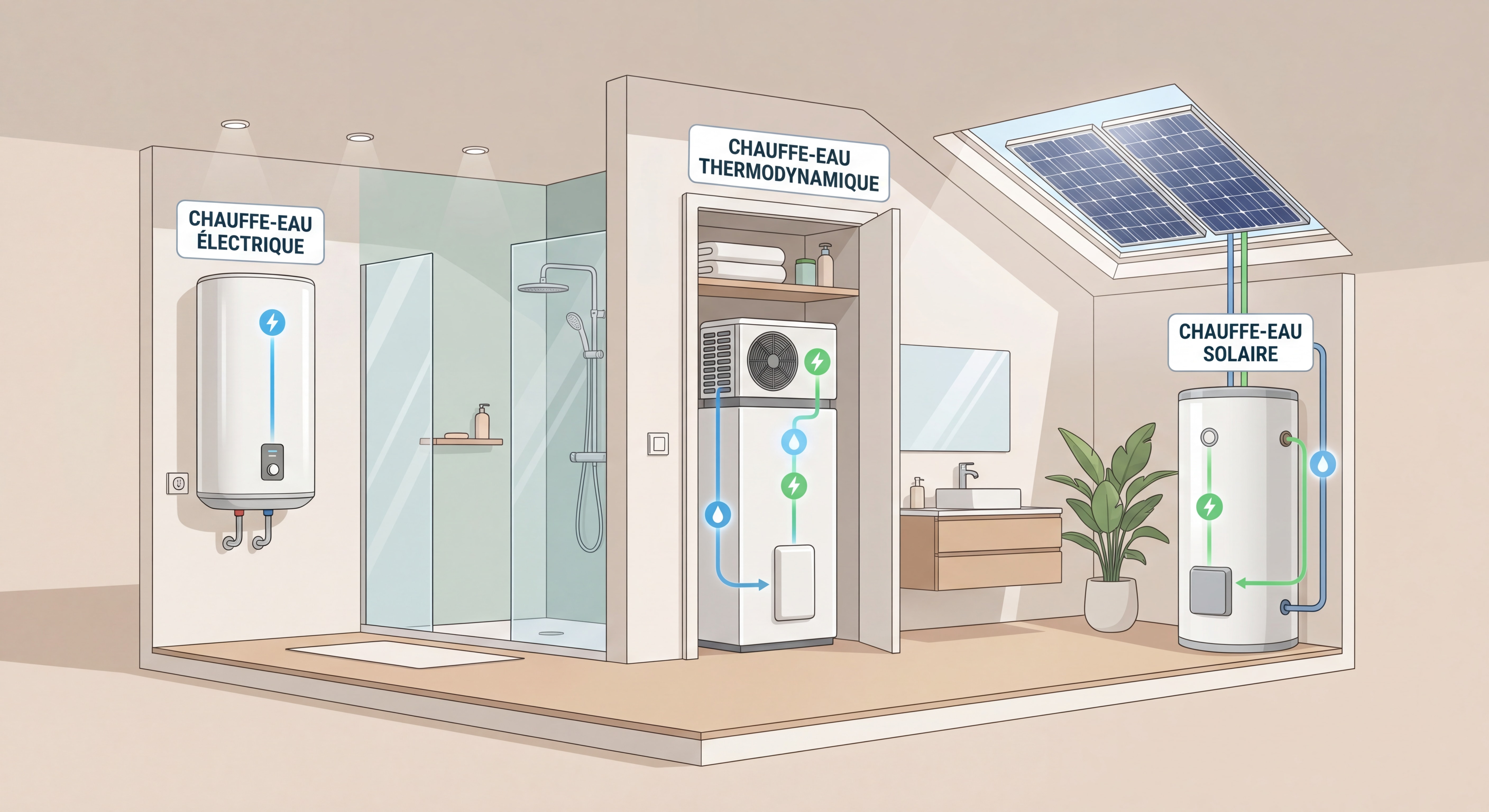 Différents types de chauffe-eau installés dans une salle de bain moderne - chauffe-eau électrique, thermodynamique et solaire