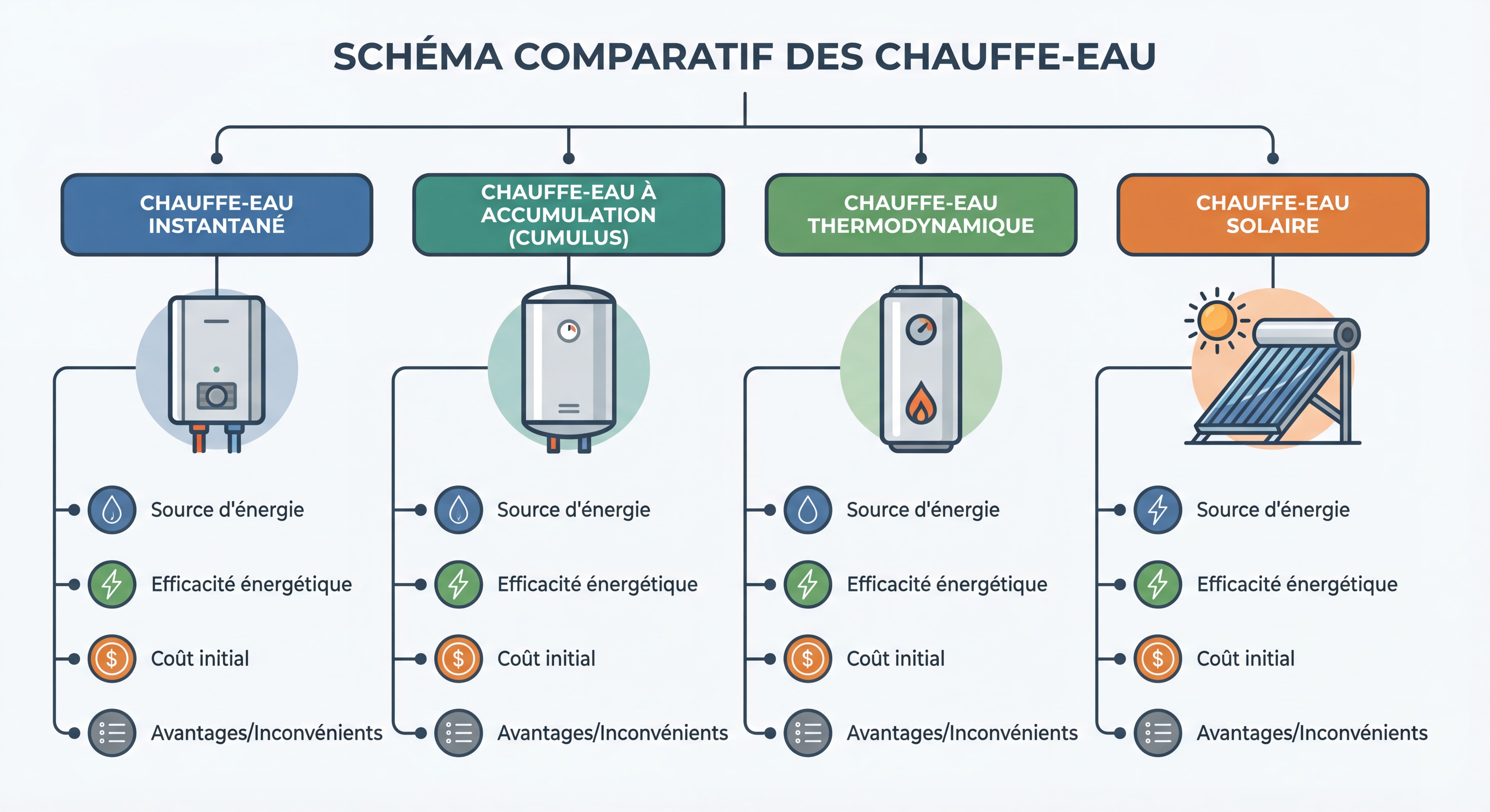 Schéma comparatif illustrant les différents types de chauffe-eau avec leurs caractéristiques principales
