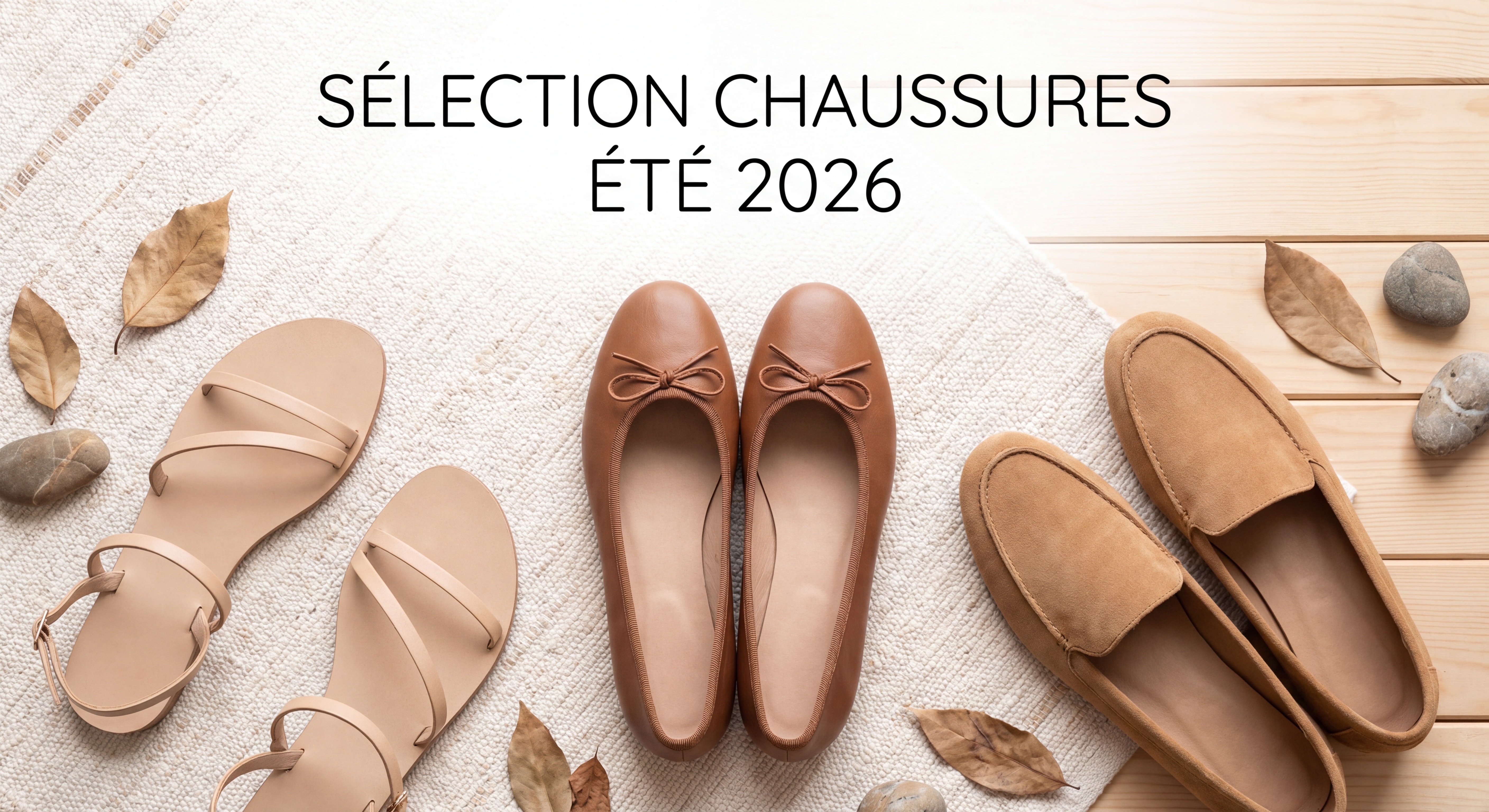Sélection de chaussures femme et homme tendance été 2026 — ballerines marron, sandales minimalistes et mocassins — posés sur fond naturel clair