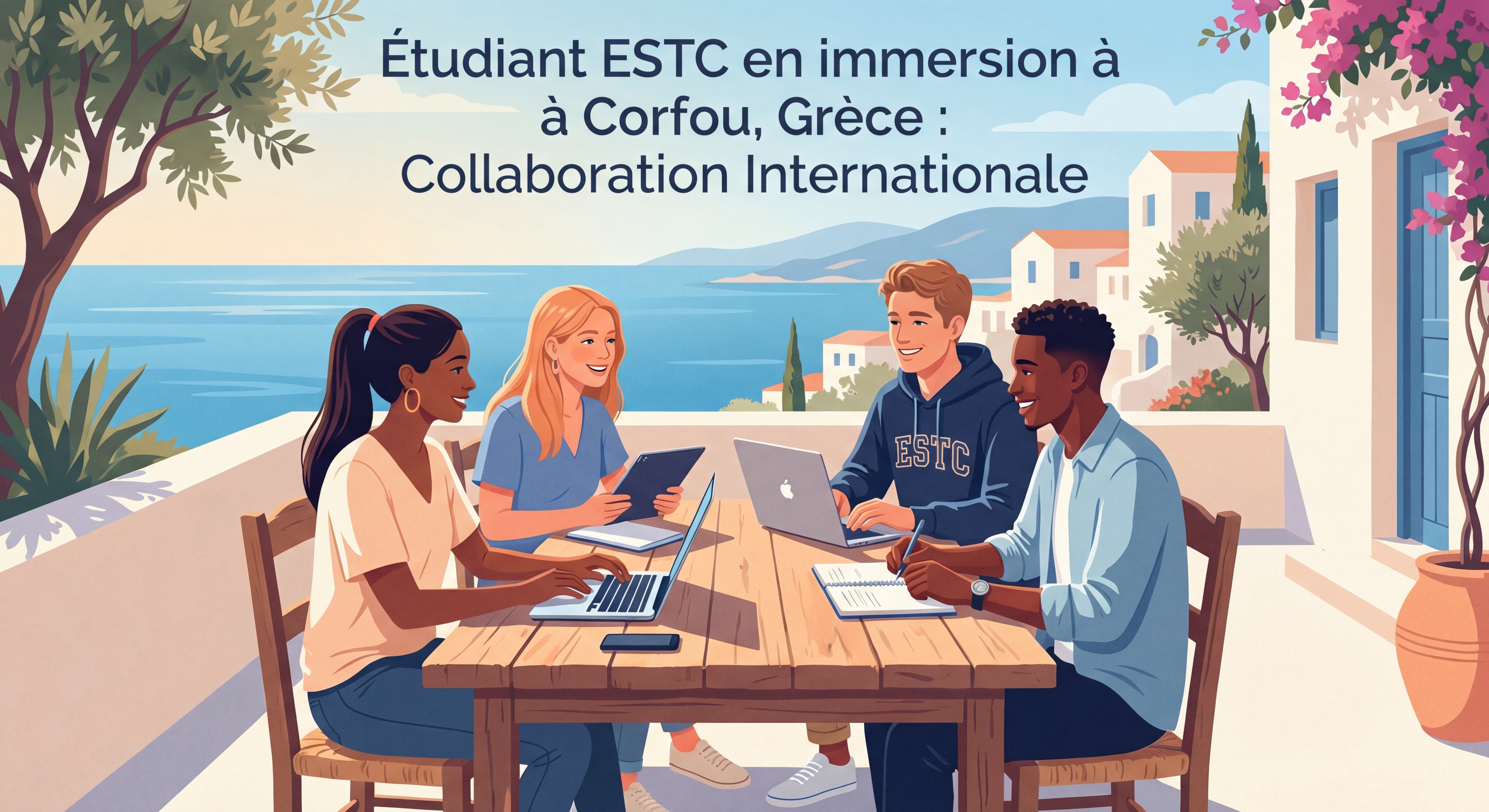 Étudiant ESTC en immersion à Corfou, Grèce, travaillant en groupe avec des participants internationaux dans un cadre lumineux et méditerranéen