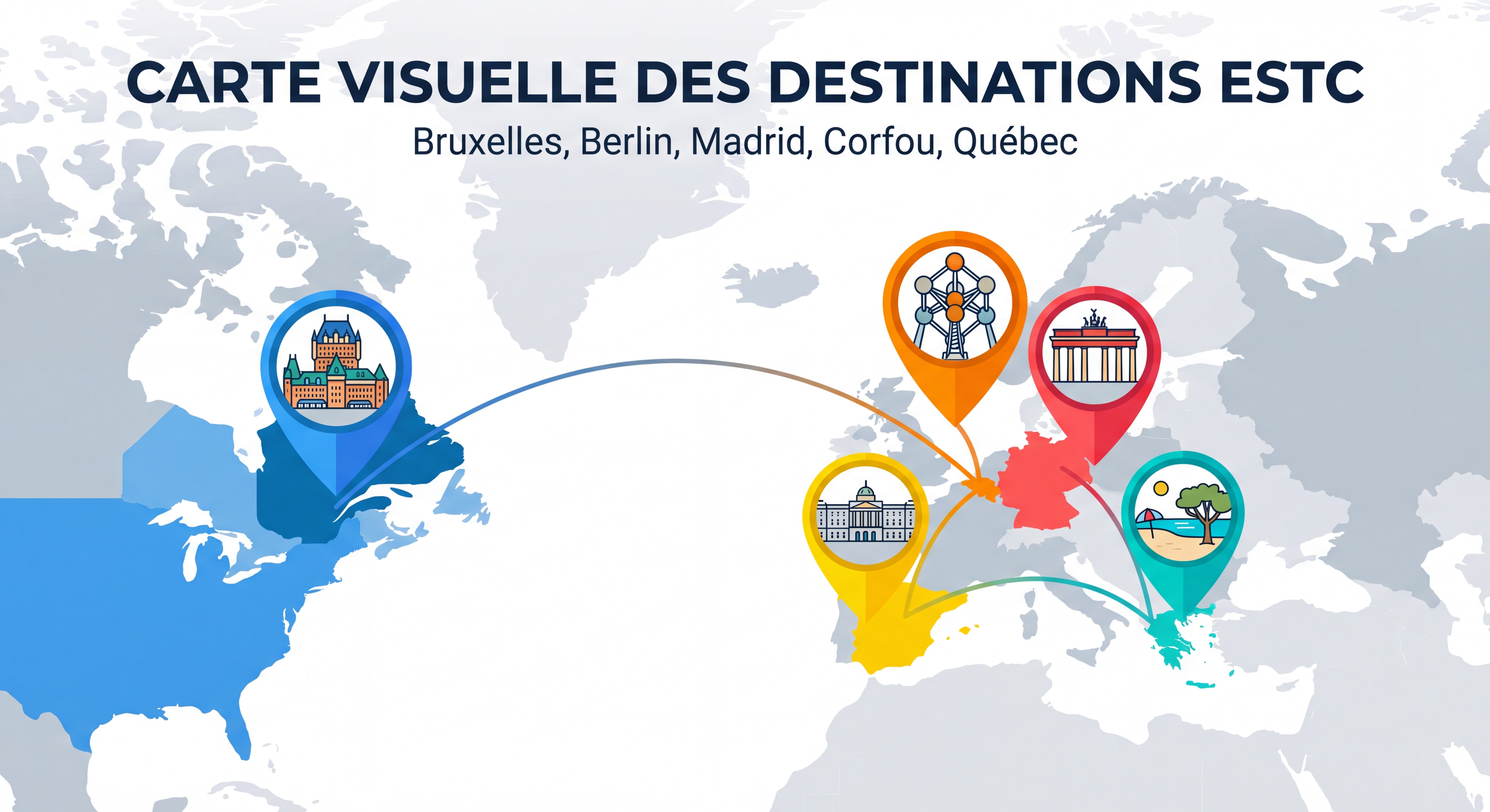 Carte visuelle colorée des destinations ESTC — Bruxelles, Berlin, Madrid, Corfou, Québec — avec des épingles géographiques sur une carte du monde
