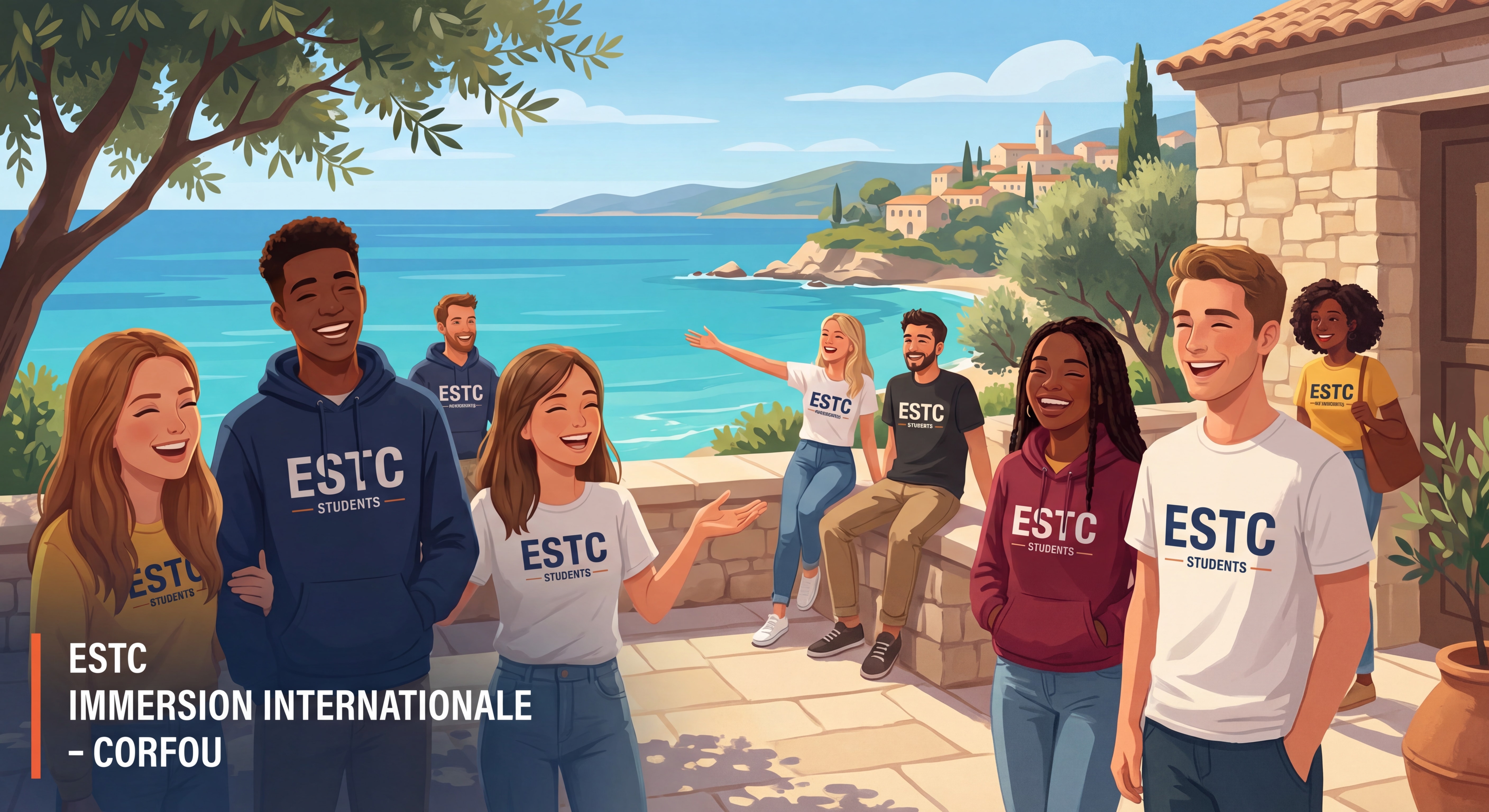 Groupe d'étudiants ESTC souriants lors d'une immersion internationale à Corfou, Grèce, avec la mer Méditerranée en arrière-plan
