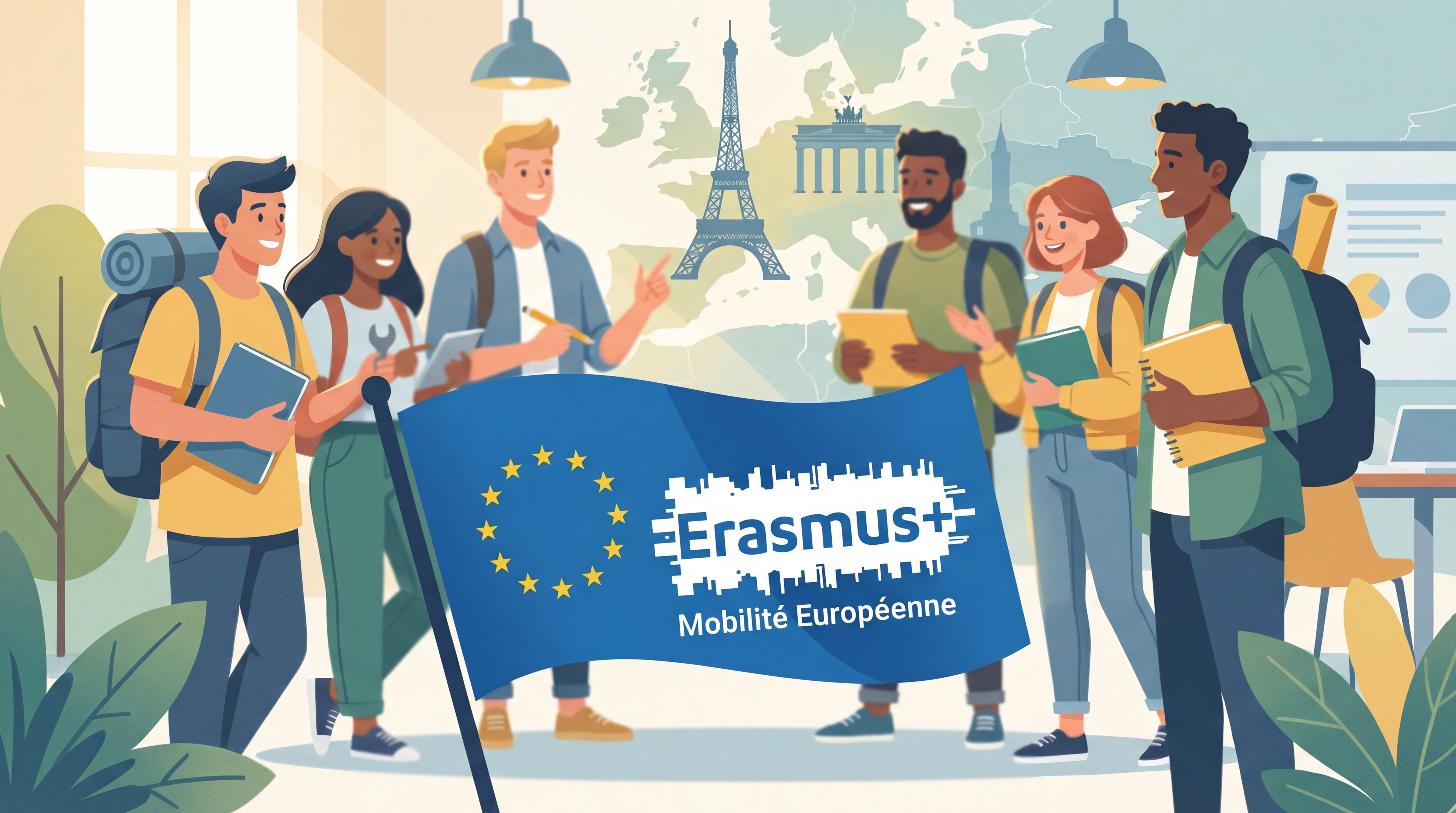 Visuel inspirant du drapeau Erasmus+ avec des étudiants en arrière-plan, symbole du programme européen de mobilité pour les apprentis