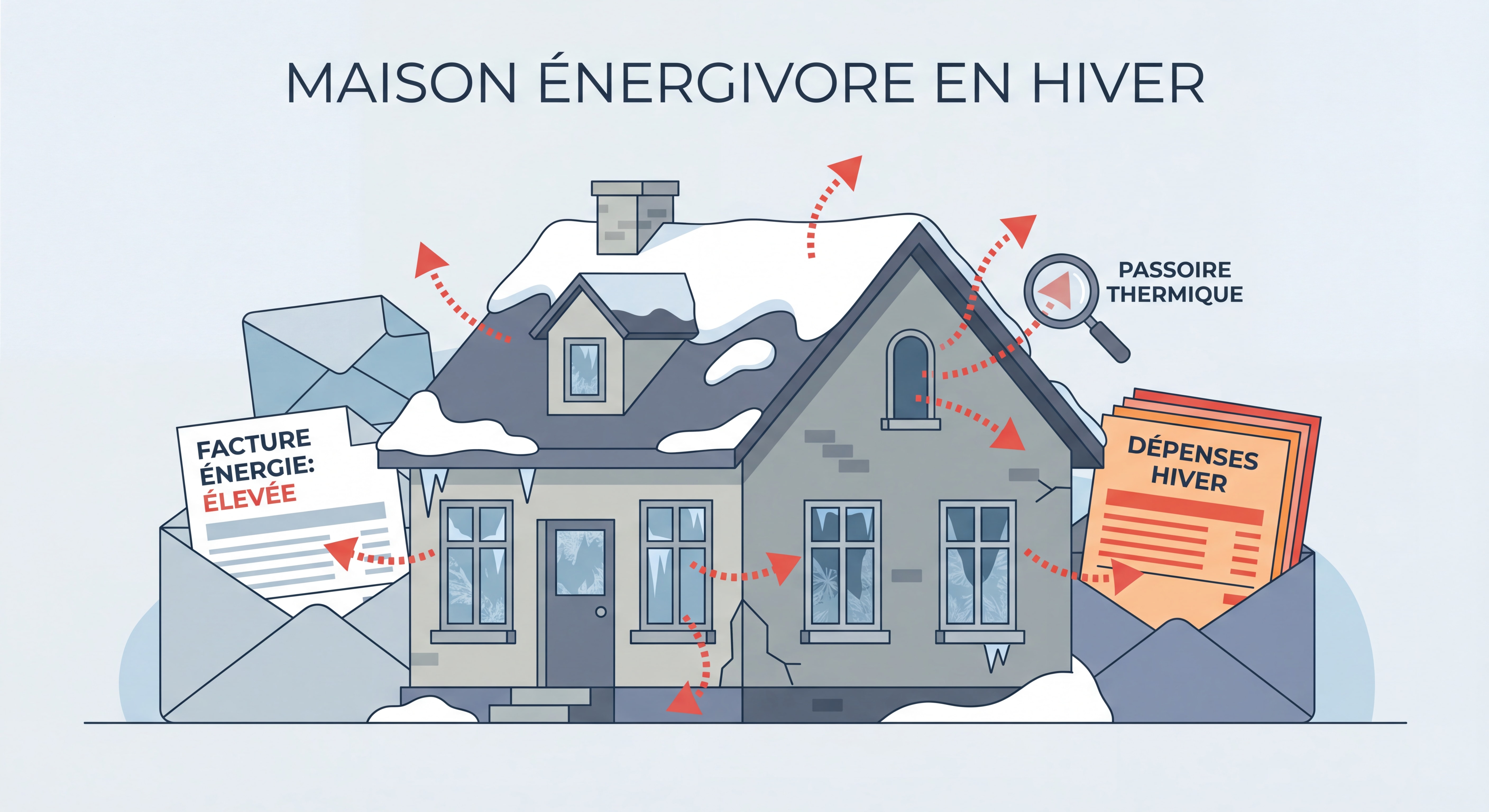 Maison énergivore en hiver avec givre sur les fenêtres et factures d'énergie élevées, illustration passoire thermique