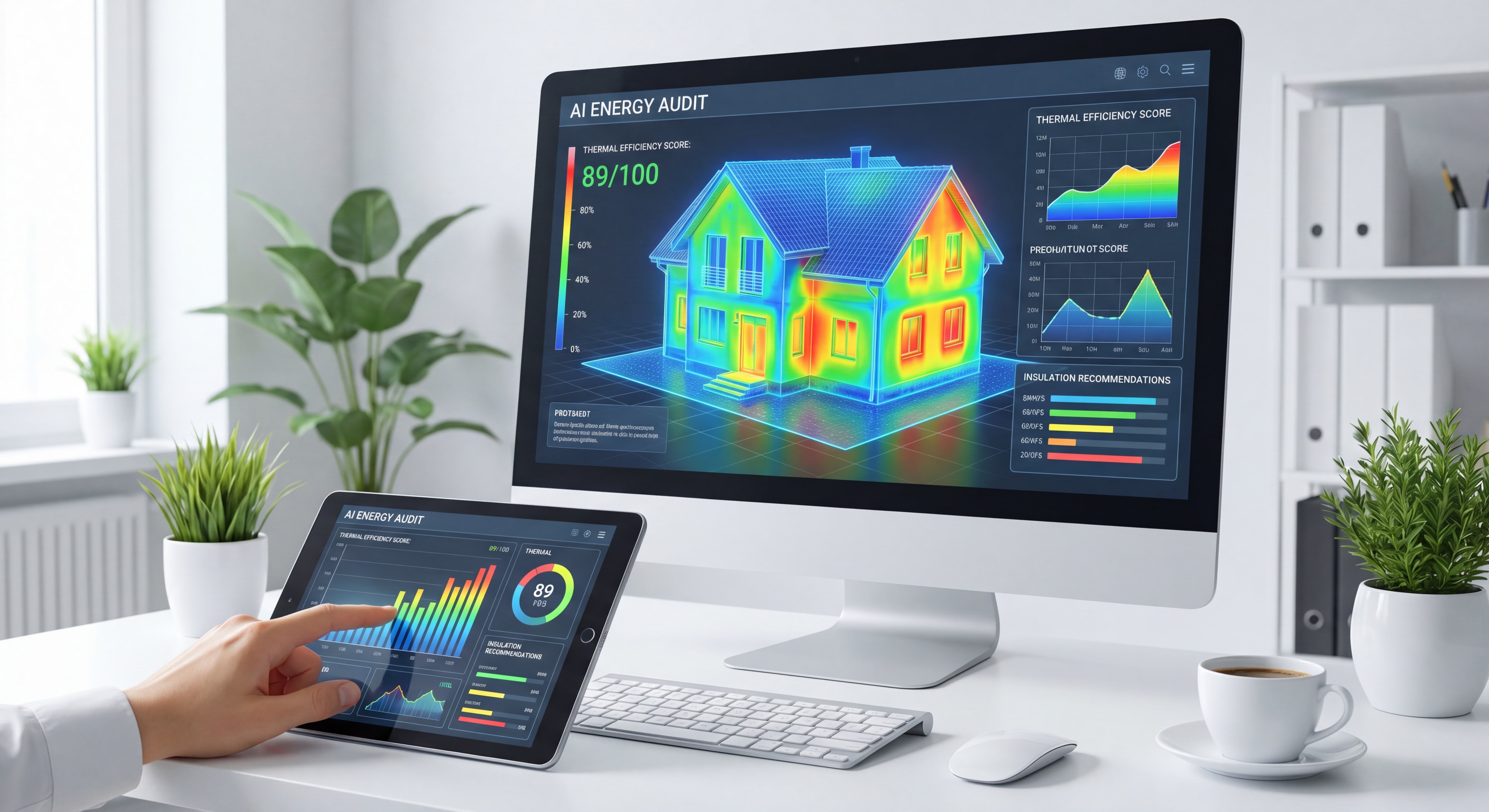 Interface moderne d'audit énergétique par intelligence artificielle sur écran d'ordinateur et tablette, visualisation 3D d'une maison avec données thermiques colorées