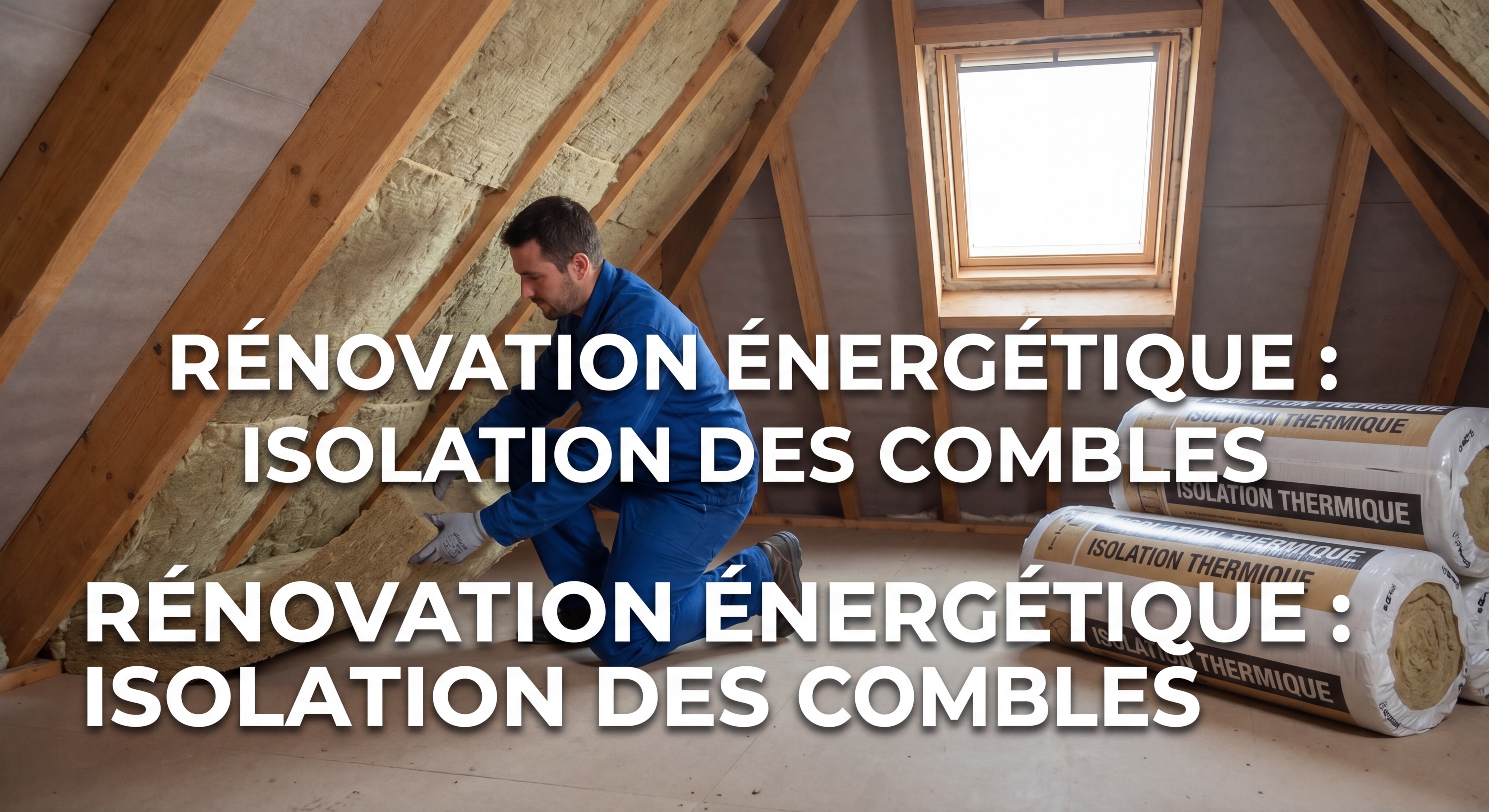 Travaux d'isolation thermique en cours dans une maison, ouvrier posant de la laine de roche dans les combles, rénovation énergétique