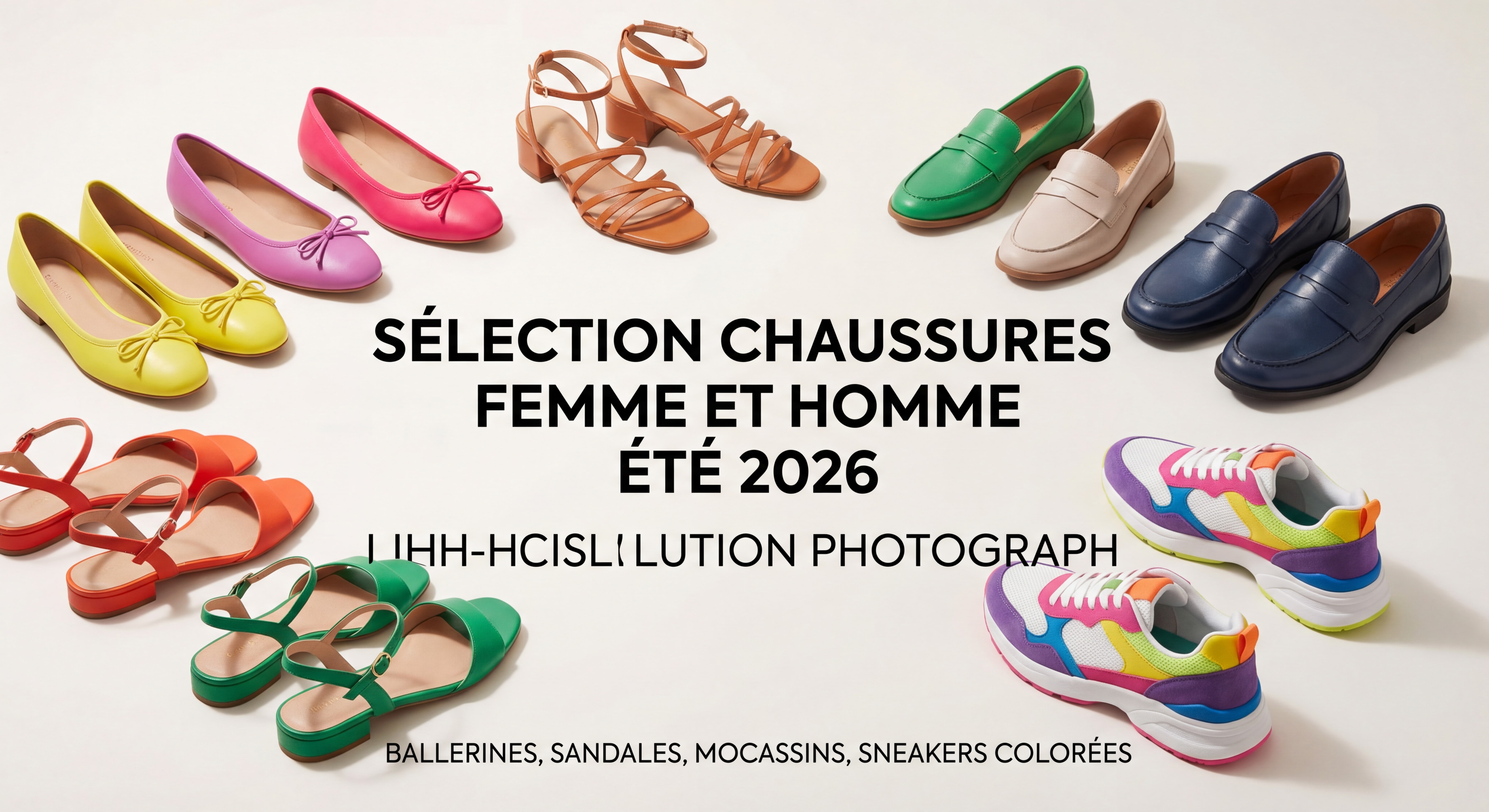 Selection of trendy women’s and men’s shoes summer 2026 — ballerinas, sandals, moccasins, and colorful sneakers on a light background