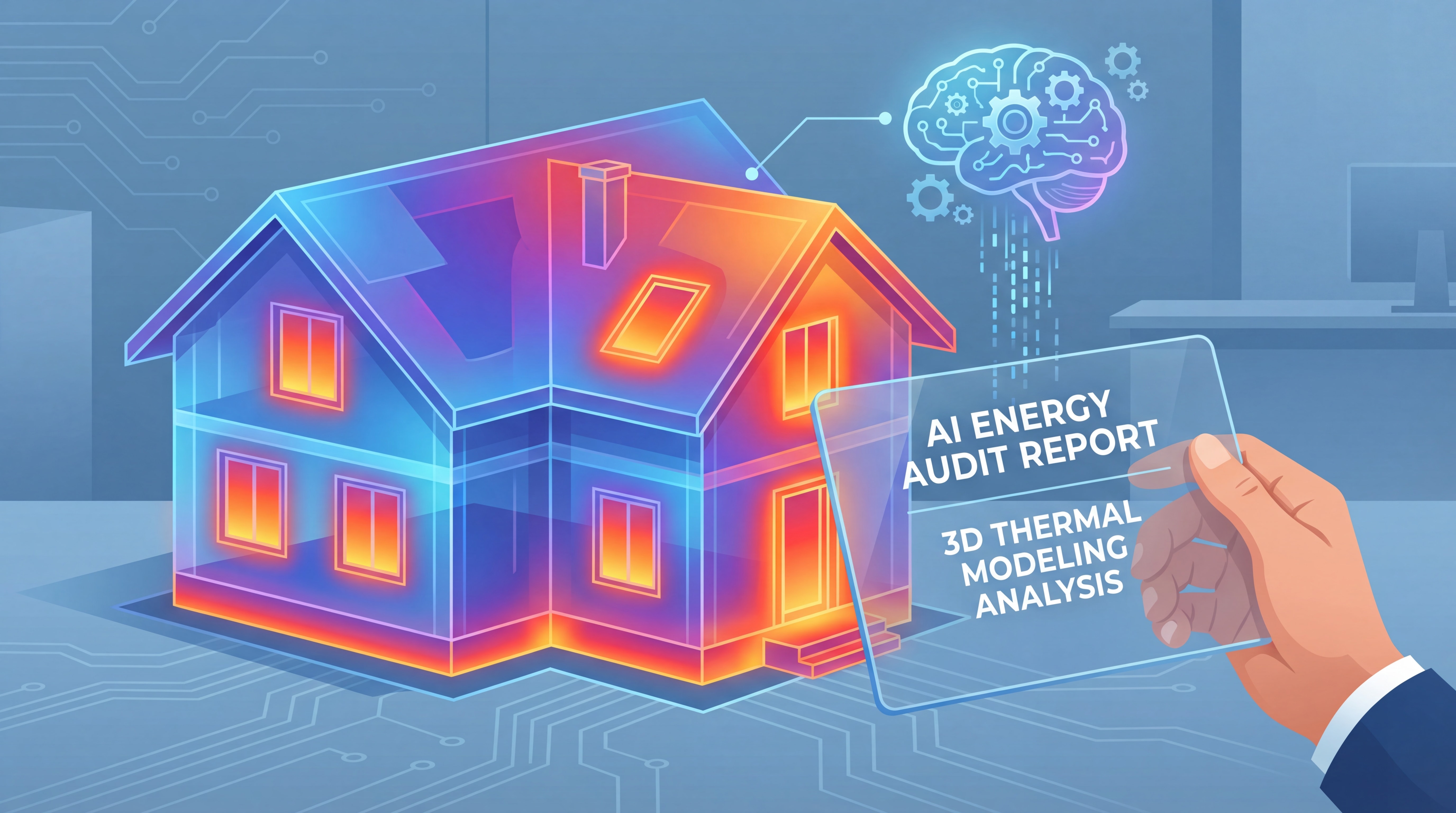 Illustration d'un audit énergétique réalisé par intelligence artificielle - modélisation thermique 3D d'une maison avec analyse des déperditions de chaleur par IA