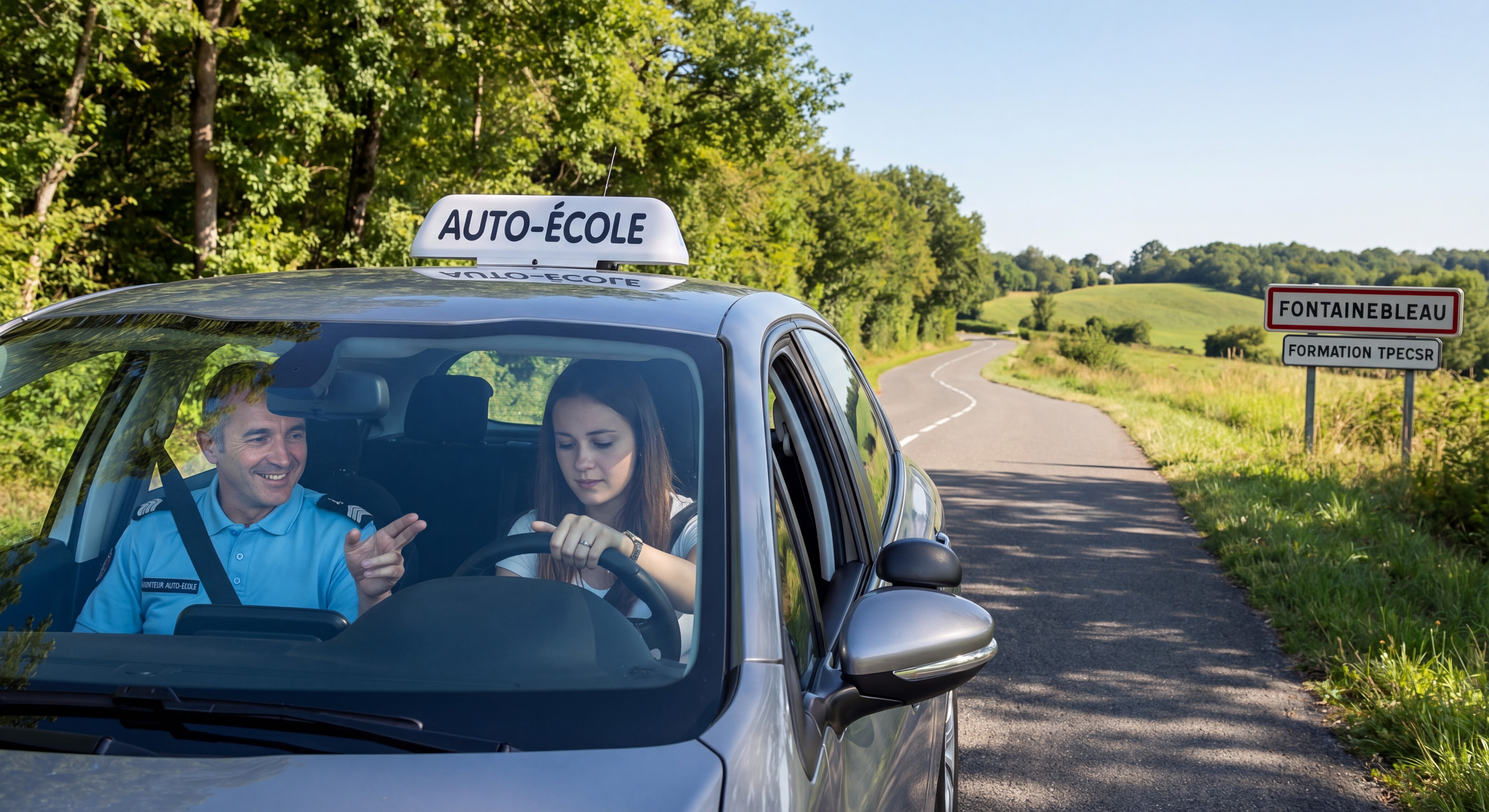Moniteur auto-école souriant avec un élève conducteur dans un véhicule école sur les routes de Seine-et-Marne, ambiance positive et professionnelle, formation TPECSR Fontainebleau