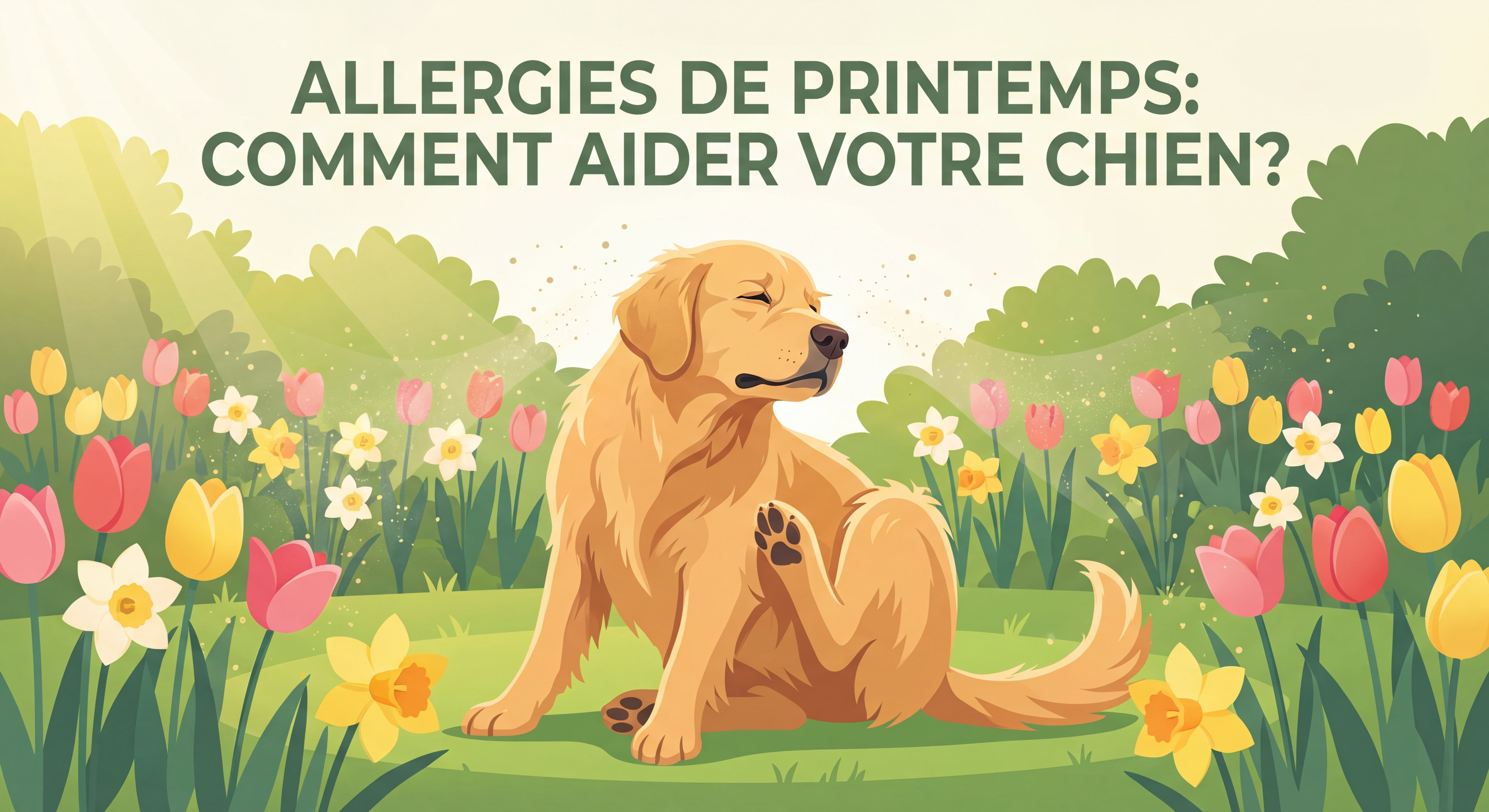 Chien golden retriever qui se gratte les pattes dans un jardin fleuri au printemps, allergie pollen