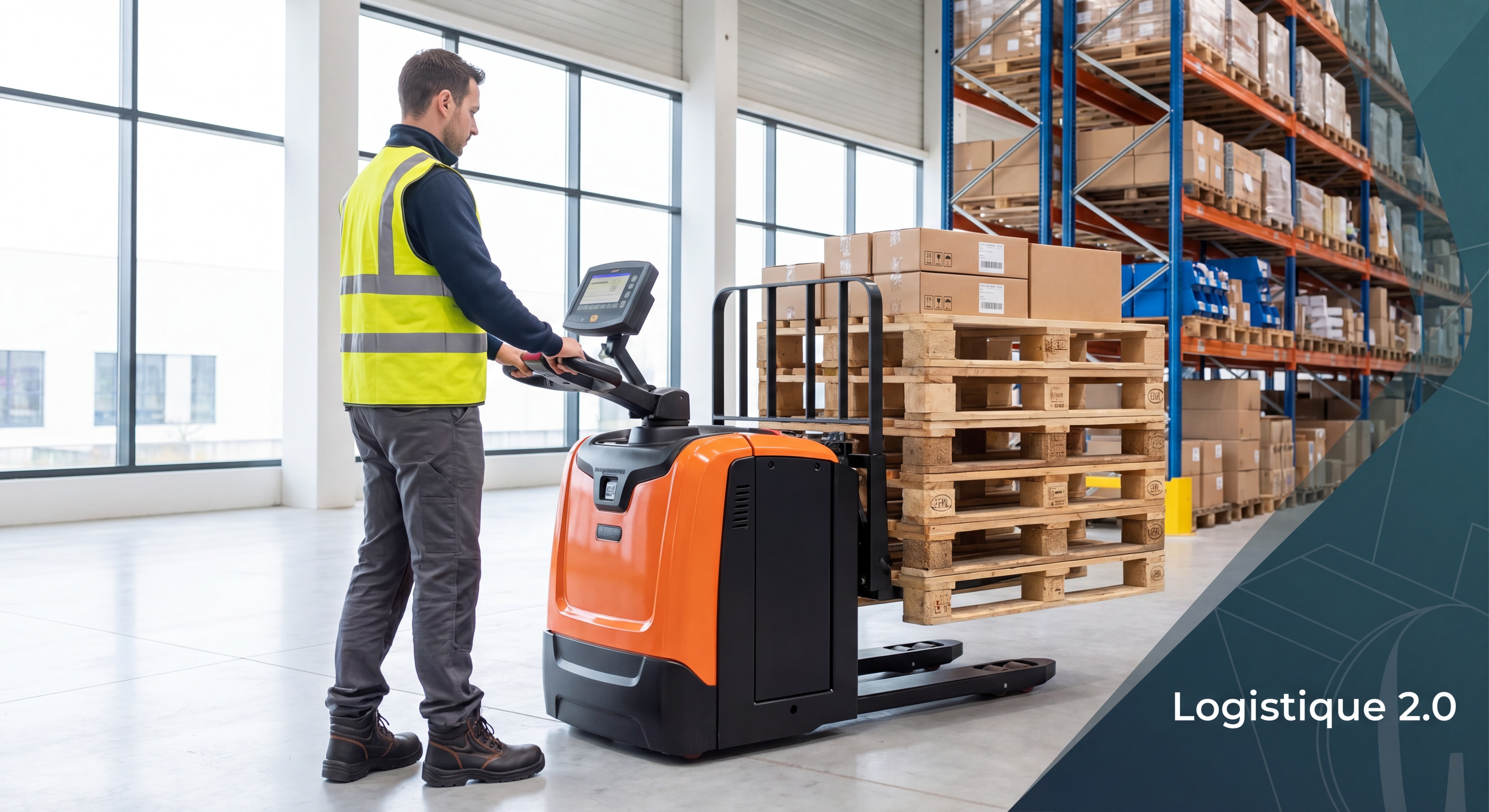 Opérateur logistique utilisant un transpalette peseur électronique dans un entrepôt pour peser des palettes