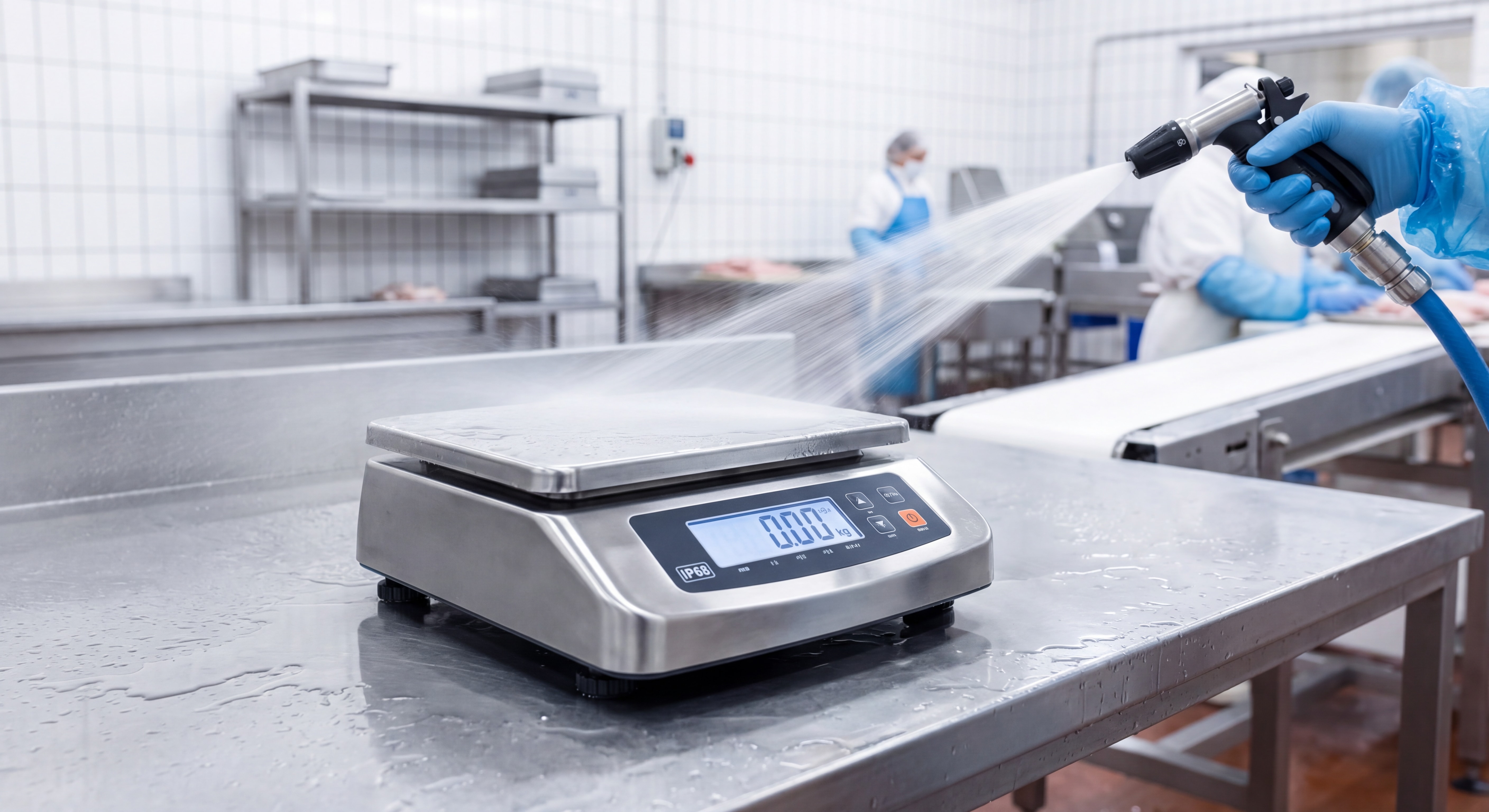 Balance étanche inox IP68 utilisée en milieu agroalimentaire avec nettoyage à grande eau