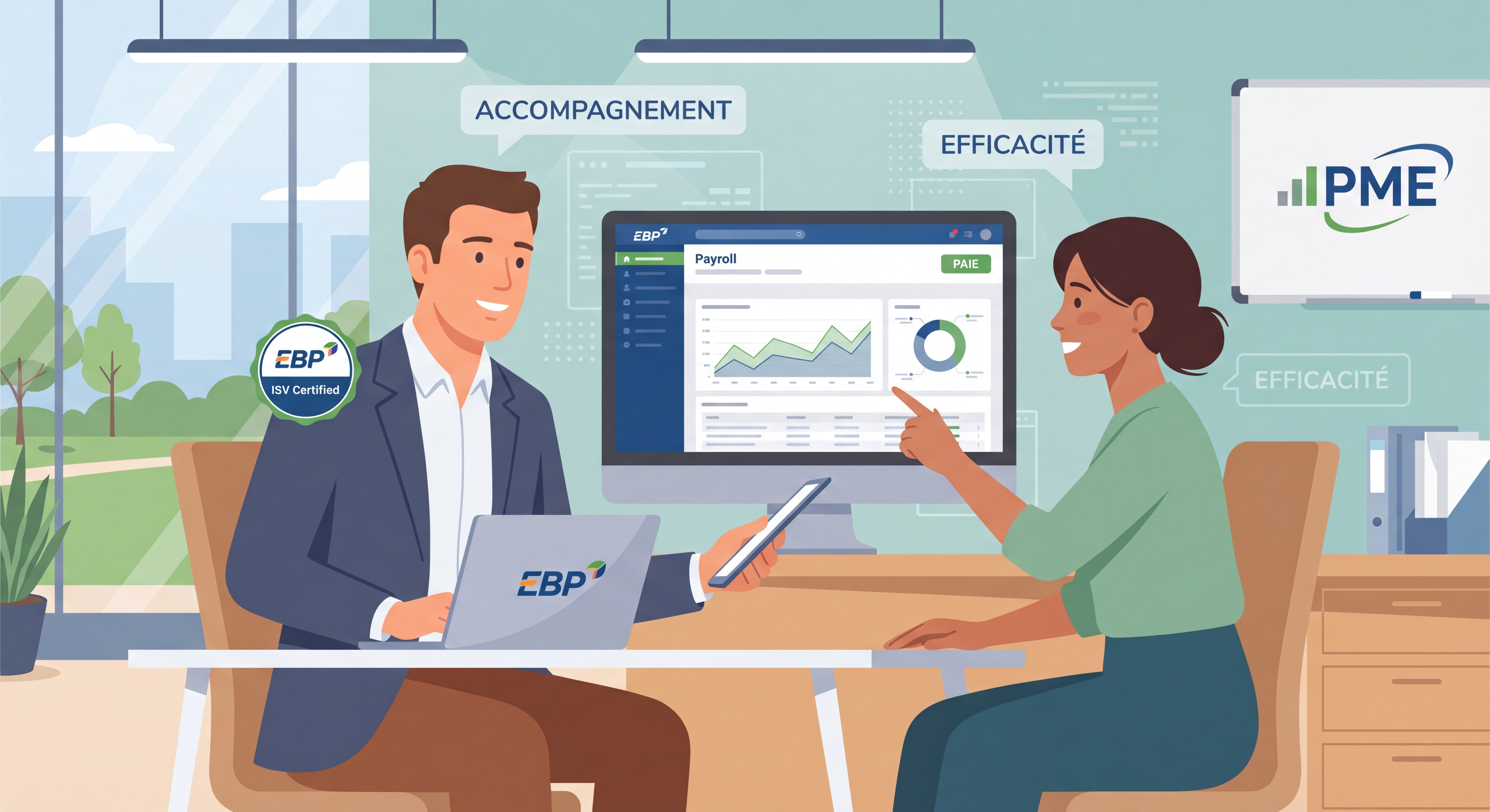 Intégrateur EBP certifié ISV accompagnant un dirigeant de PME dans la gestion de la paie