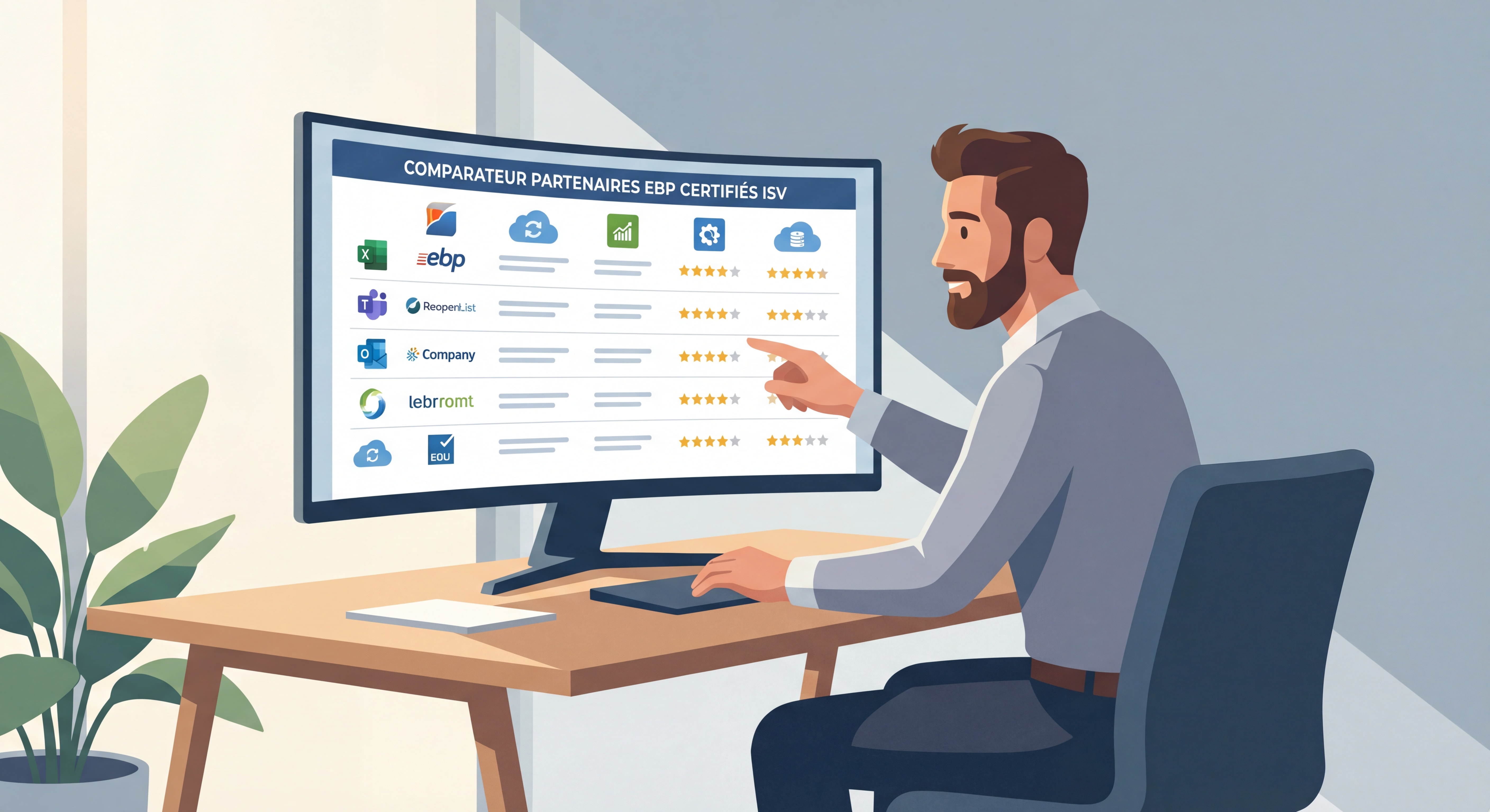 Dirigeant de PME comparant des partenaires EBP certifiés ISV sur un écran d'ordinateur