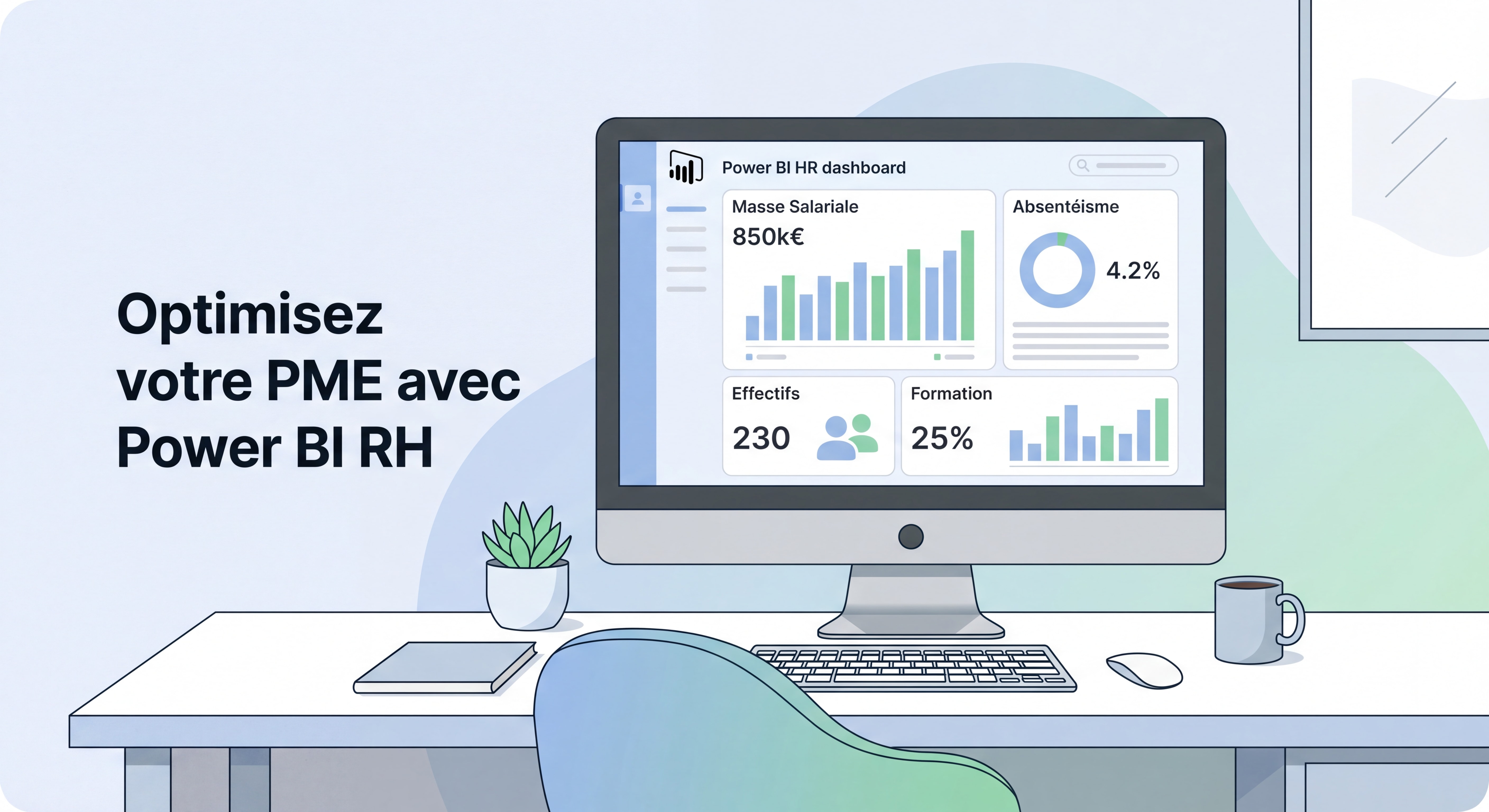 Tableau de bord RH Power BI sur écran d'ordinateur avec indicateurs de masse salariale et d'absentéisme pour une PME