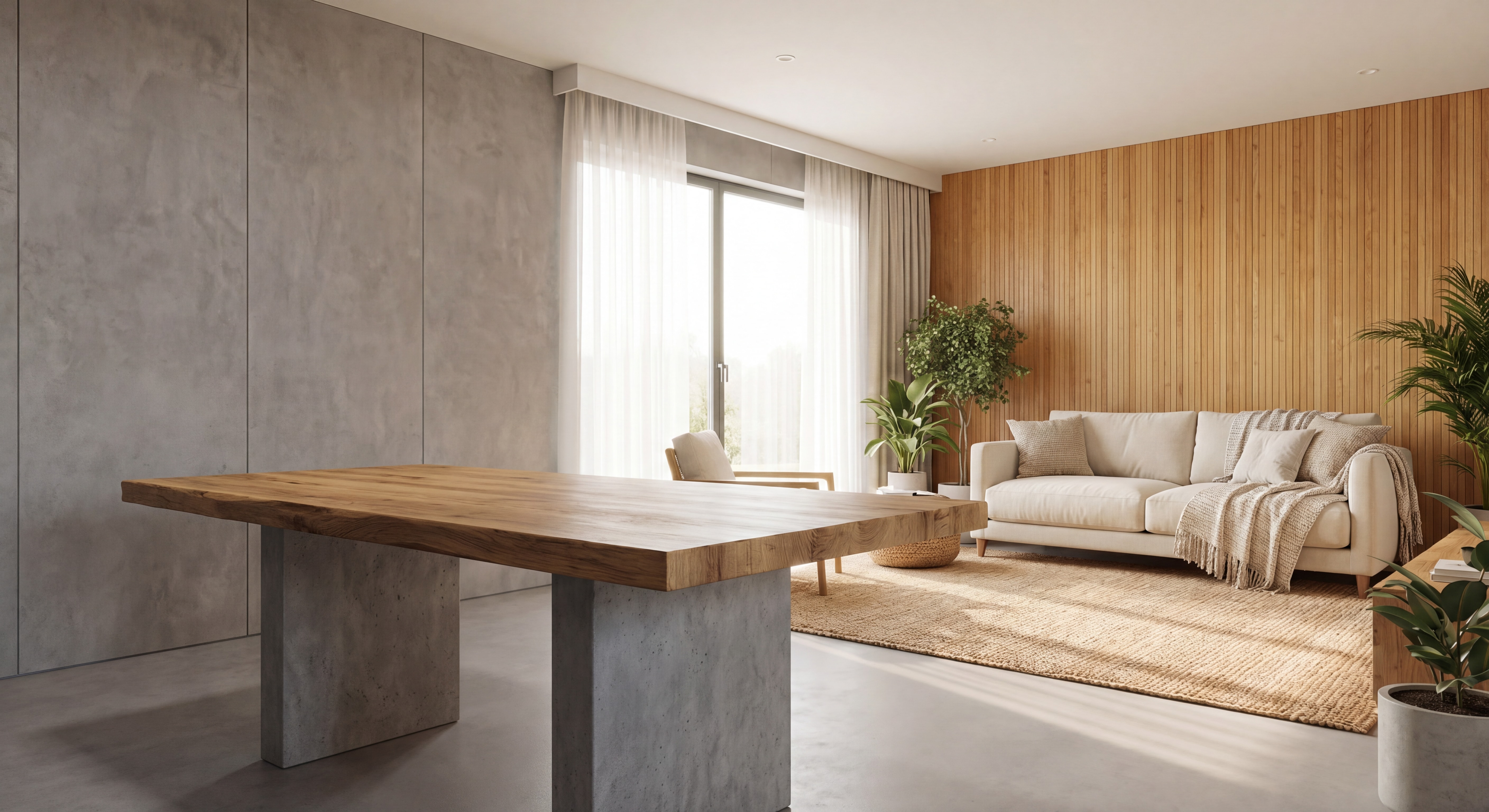 Association béton ciré et bois naturel dans un intérieur contemporain, table béton plateau bois, décoration salon chaleureux