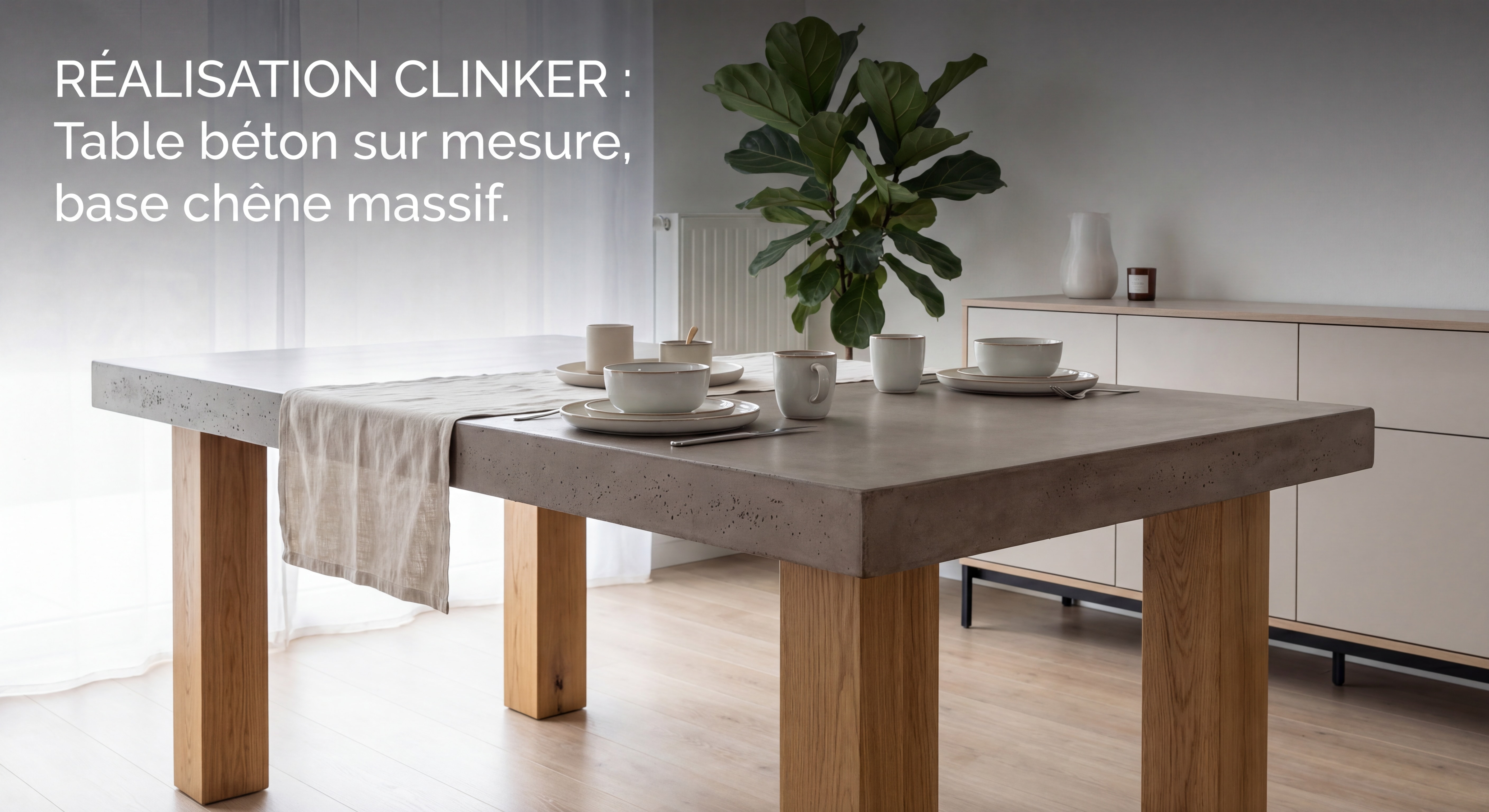 Réalisation Clinker, table béton sur mesure teintée gris chaud avec base en chêne massif, finition artisanale, salle à manger contemporaine