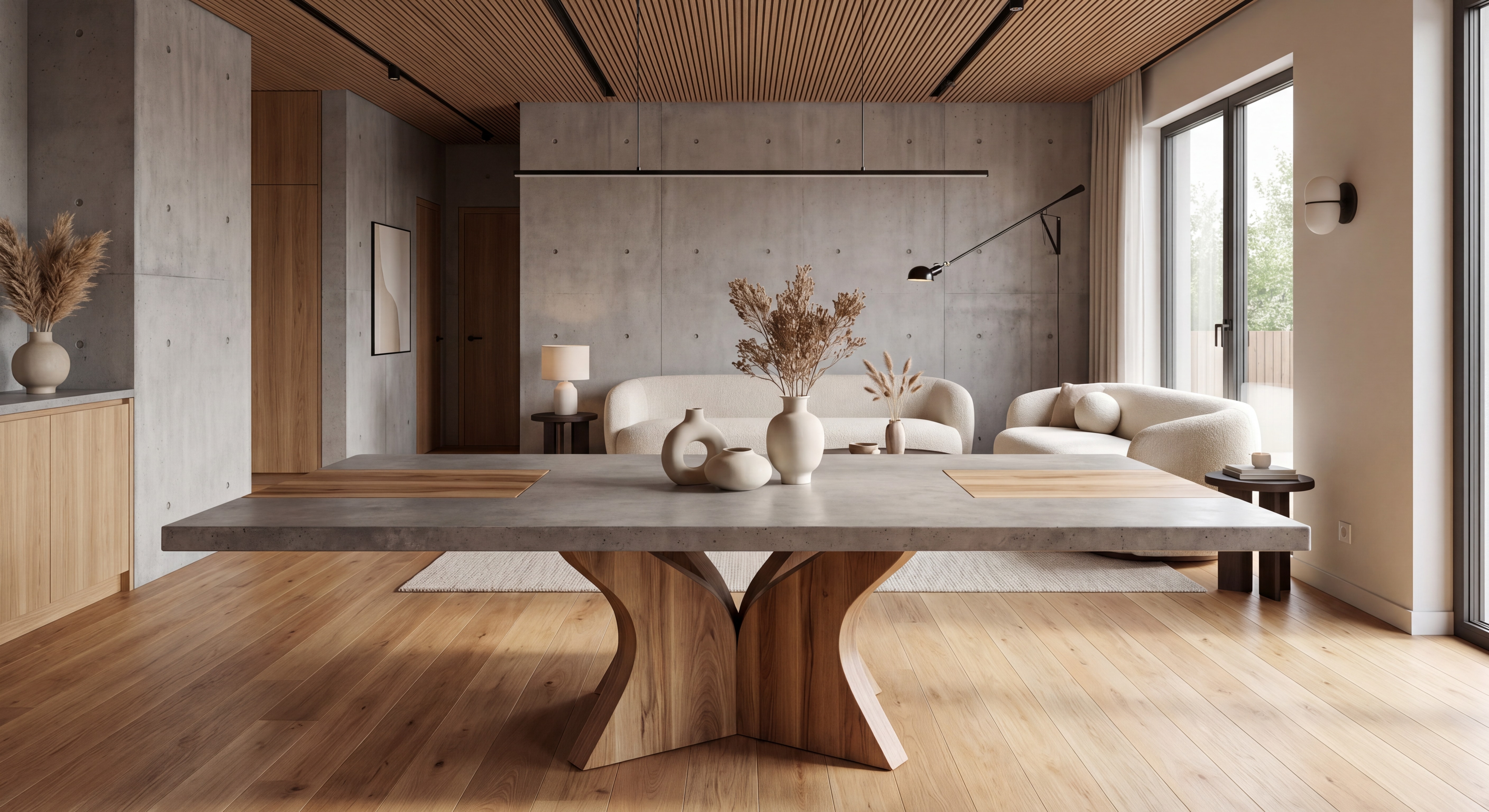 Table béton sur mesure dans un salon contemporain, alliance béton ciré et bois naturel, décoration intérieur tendance 2026