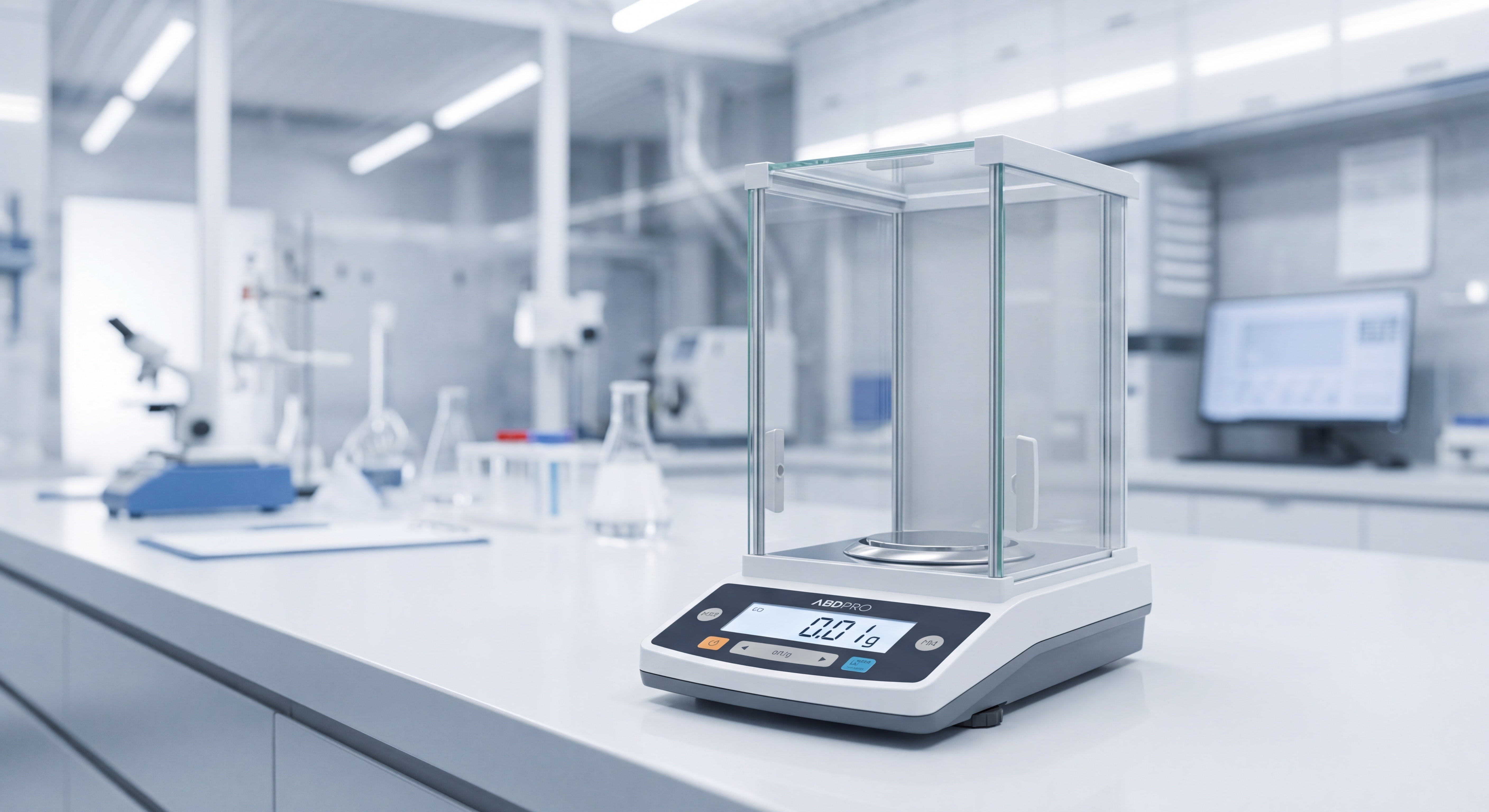 Balance de précision laboratoire ABDPRO avec chambre de protection et affichage 0.01g en environnement professionnel