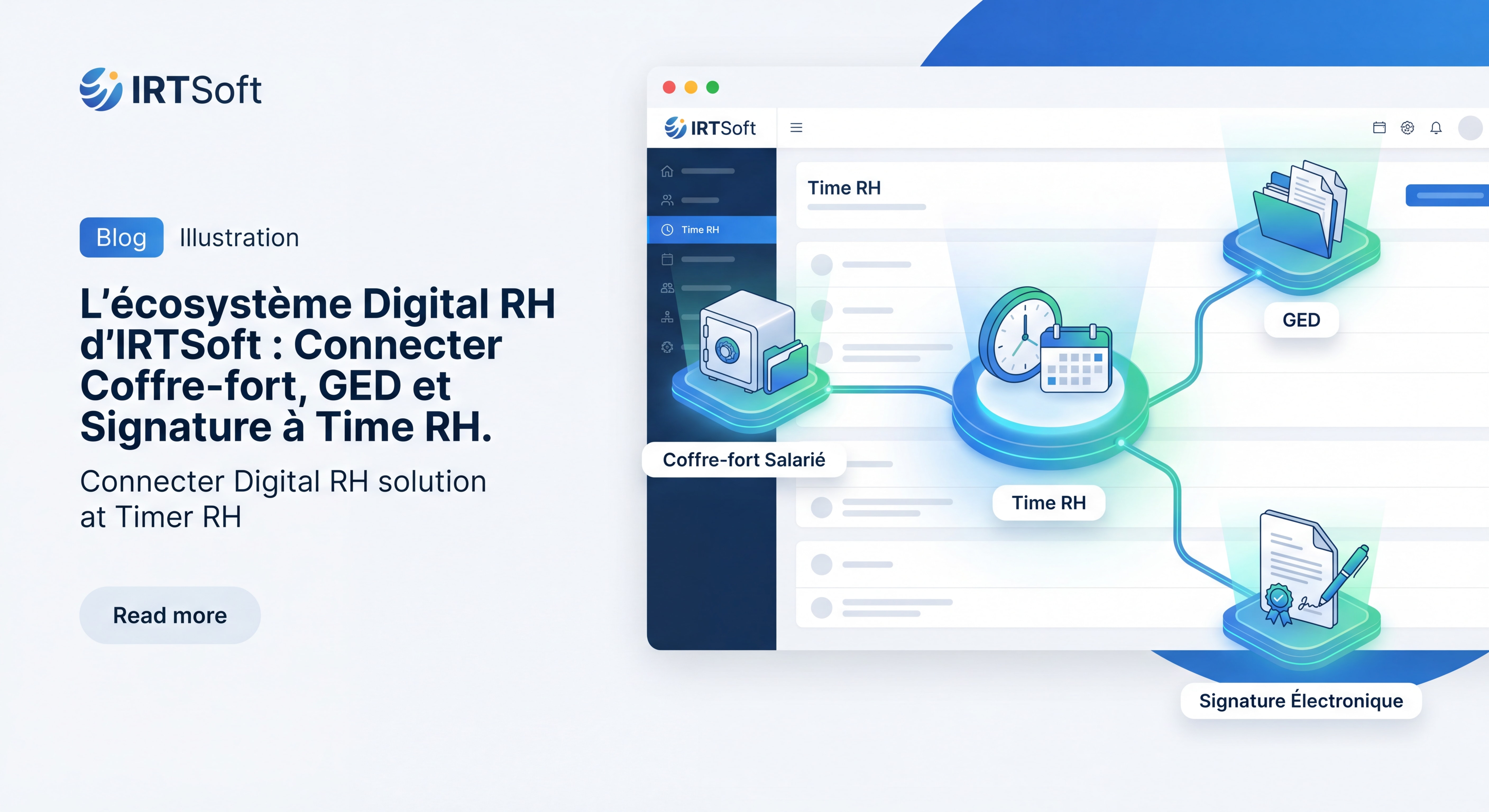 Interface de la solution Digital RH d'IRTSoft montrant le coffre-fort salarié, la GED et la signature électronique connectés à Time RH