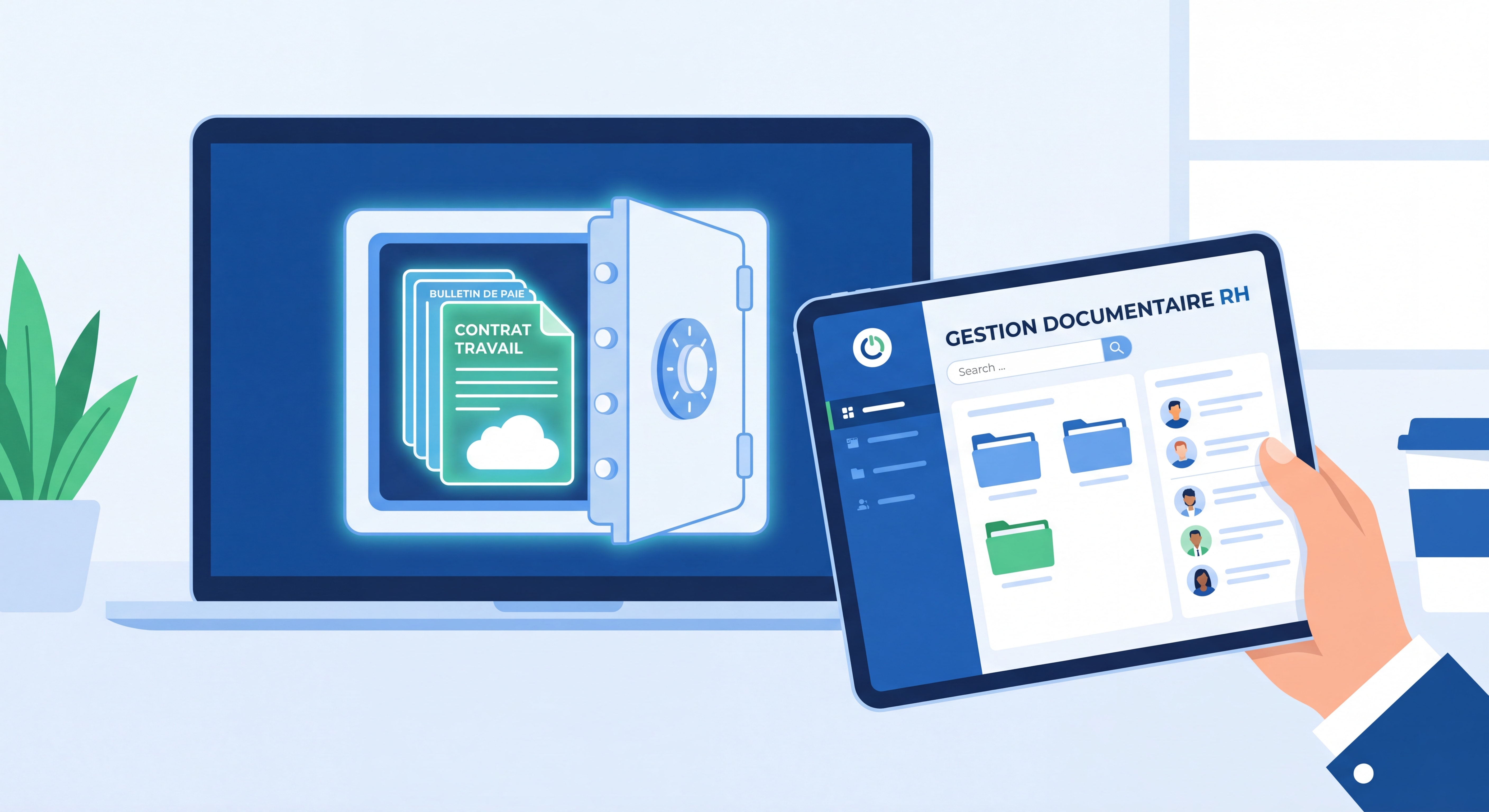 Illustration d'un coffre-fort électronique RH avec des bulletins de paie numériques et une interface de gestion documentaire sur ordinateur