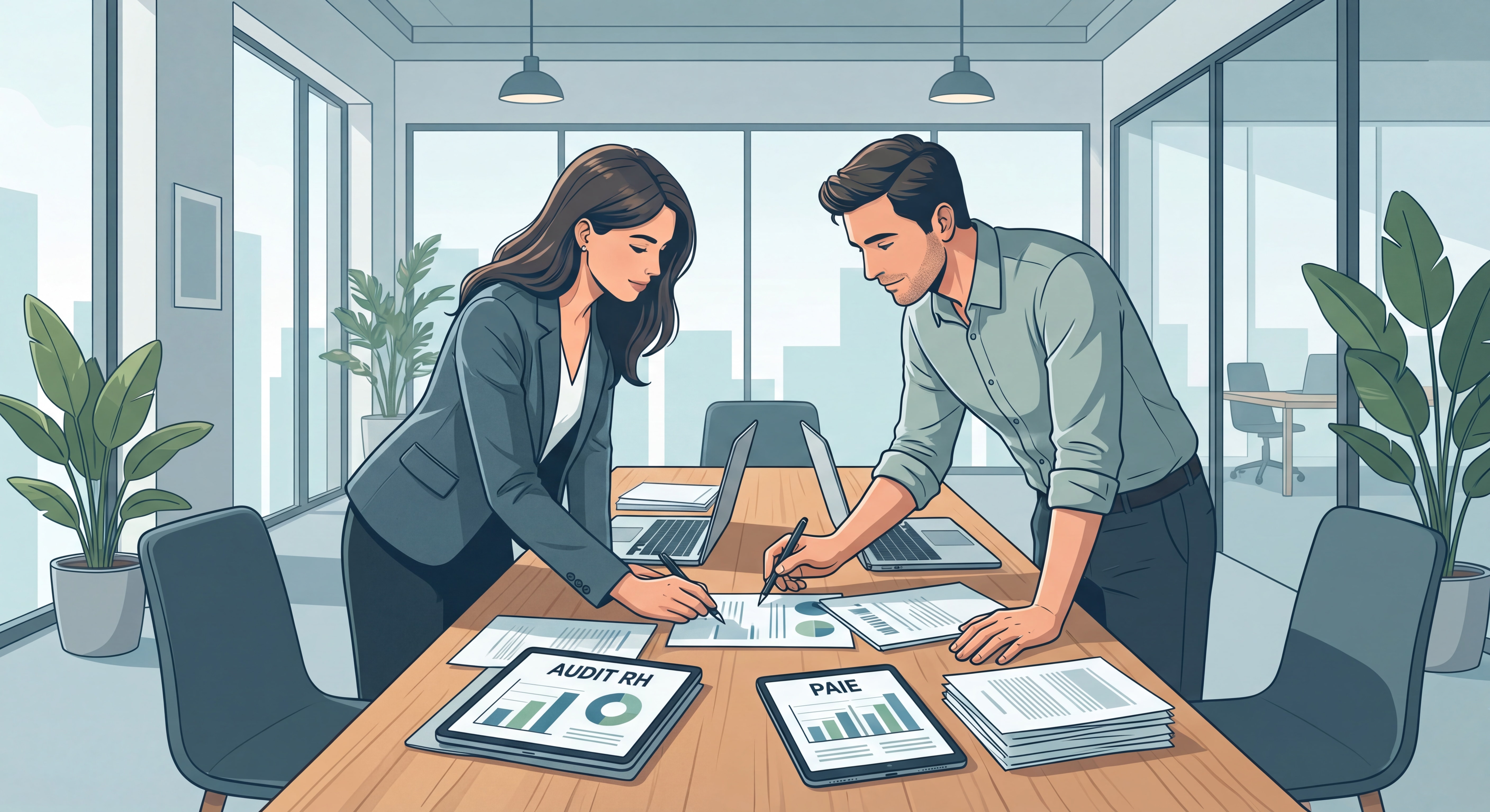 Dirigeant de PME et responsable RH analysant des documents d'audit RH et paie sur un bureau professionnel