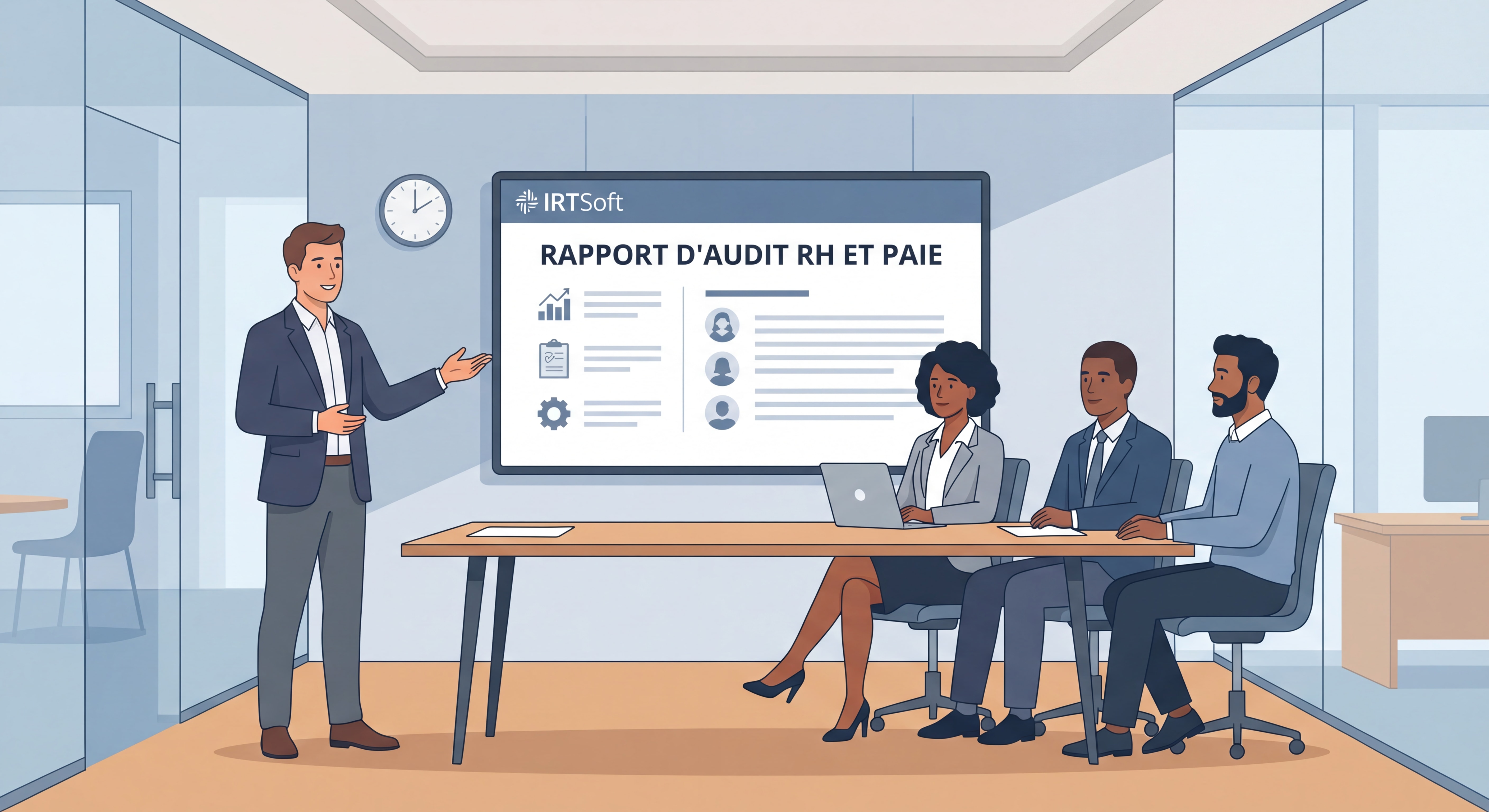 Consultant IRTSoft présentant un rapport d'audit RH et paie à une équipe de dirigeants de PME