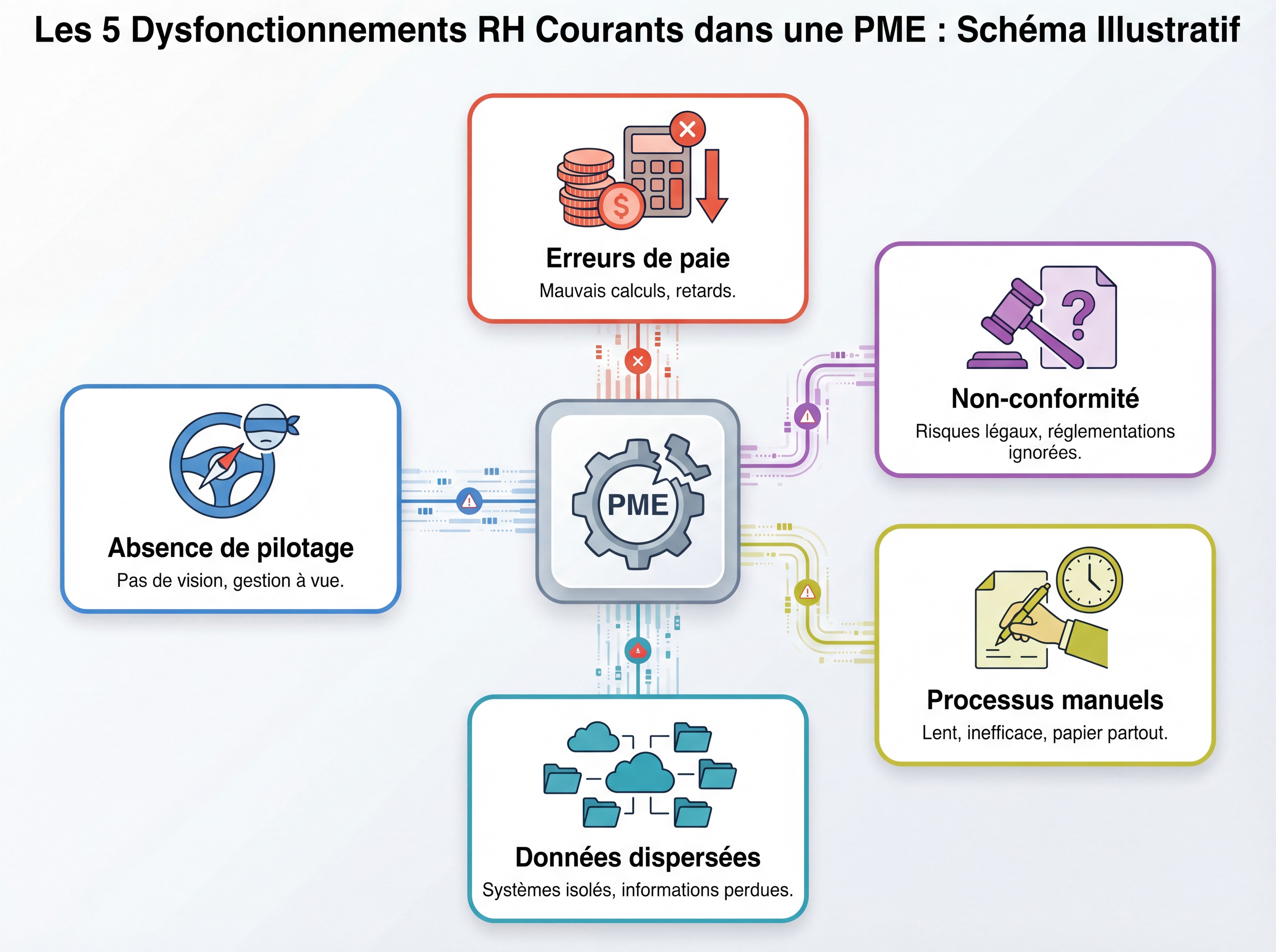 Schéma illustrant les 5 dysfonctionnements RH courants dans une PME : erreurs de paie, non-conformité, processus manuels, données dispersées, absence de pilotage