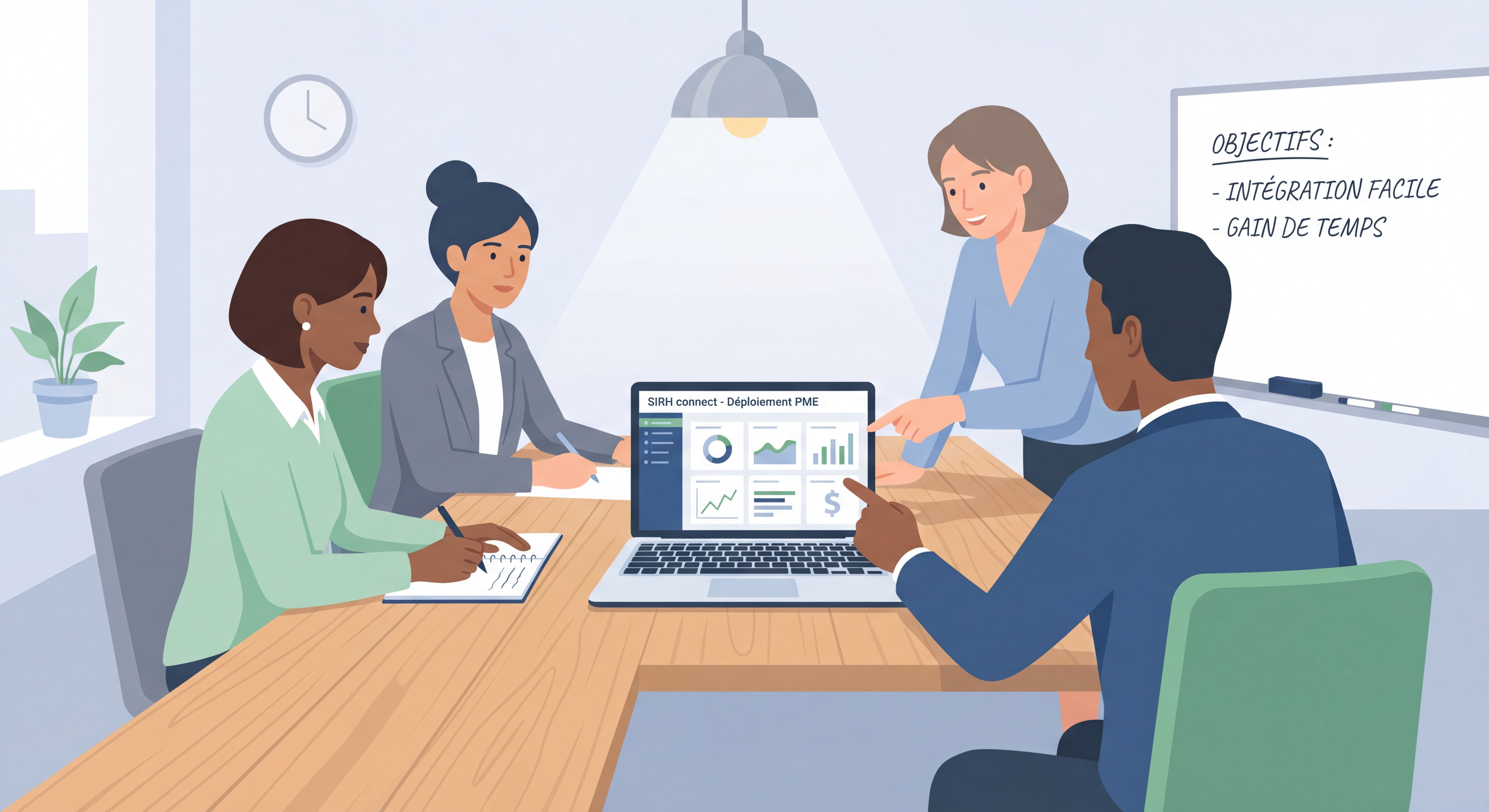 Équipe RH d'une PME en réunion de déploiement d'un logiciel SIRH sur ordinateur portable