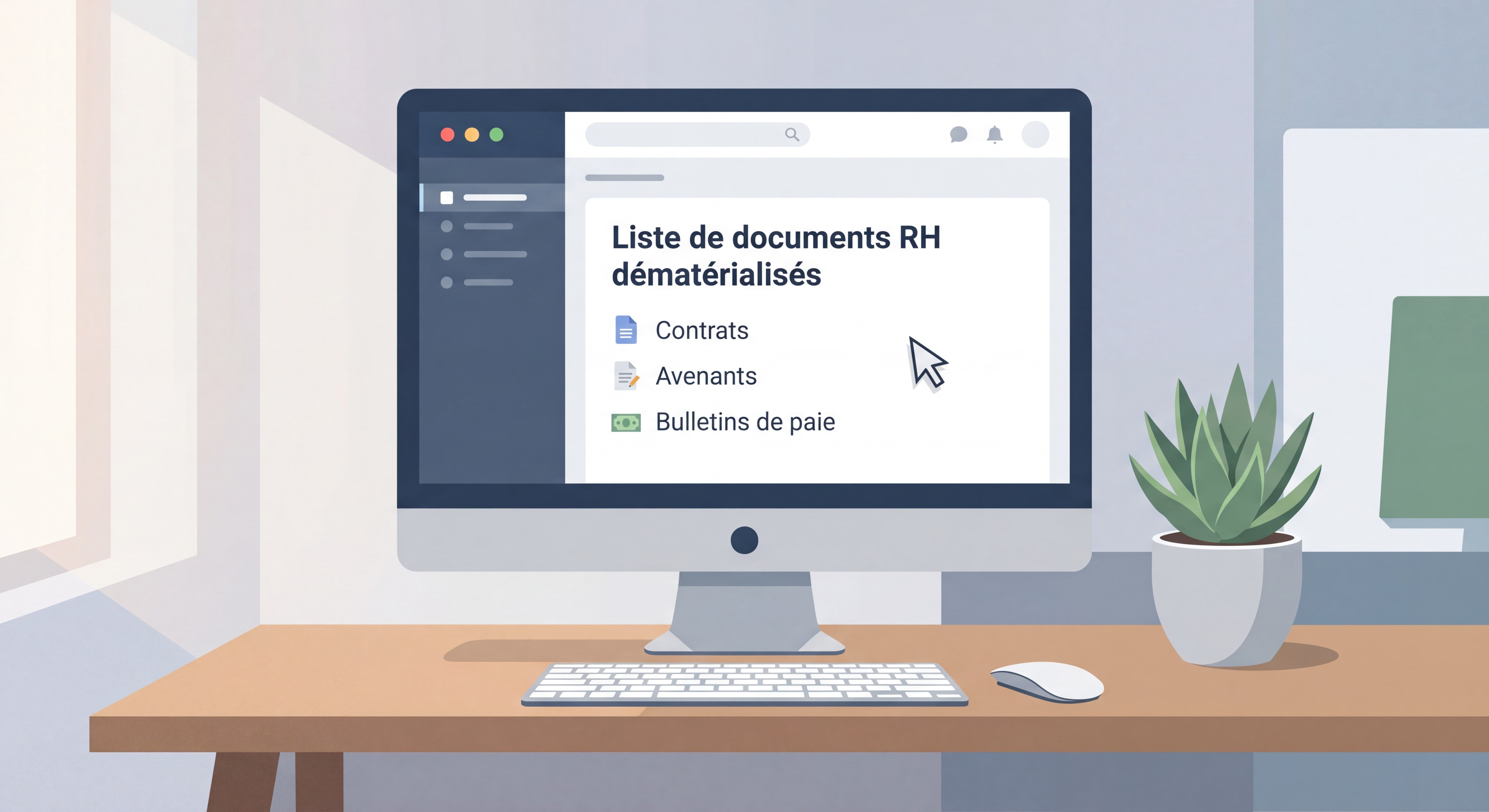 Liste de documents RH dématérialisés - contrats, avenants, bulletins de paie sur écran d'ordinateur