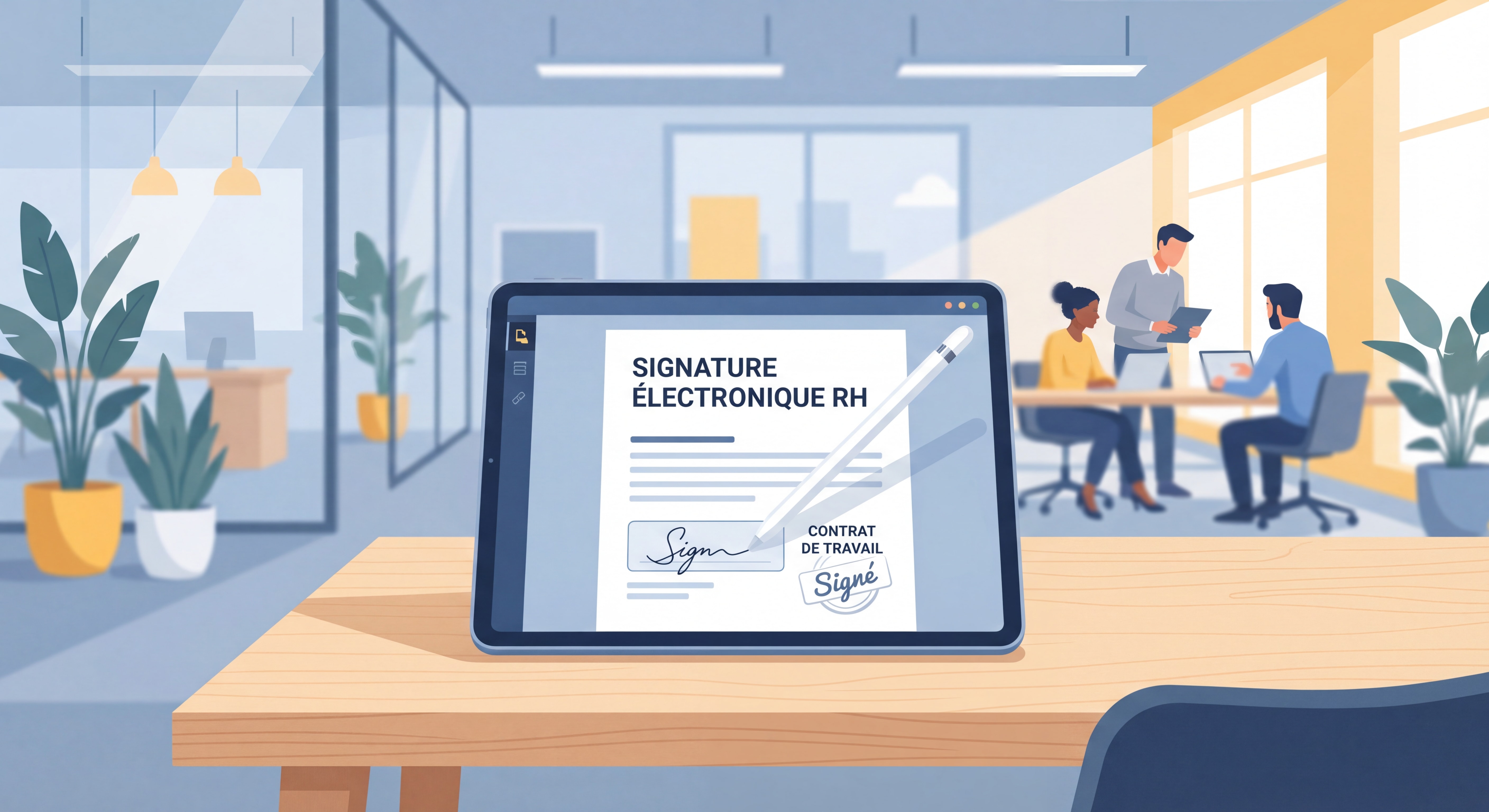 Signature électronique RH sur tablette numérique dans un bureau moderne de PME