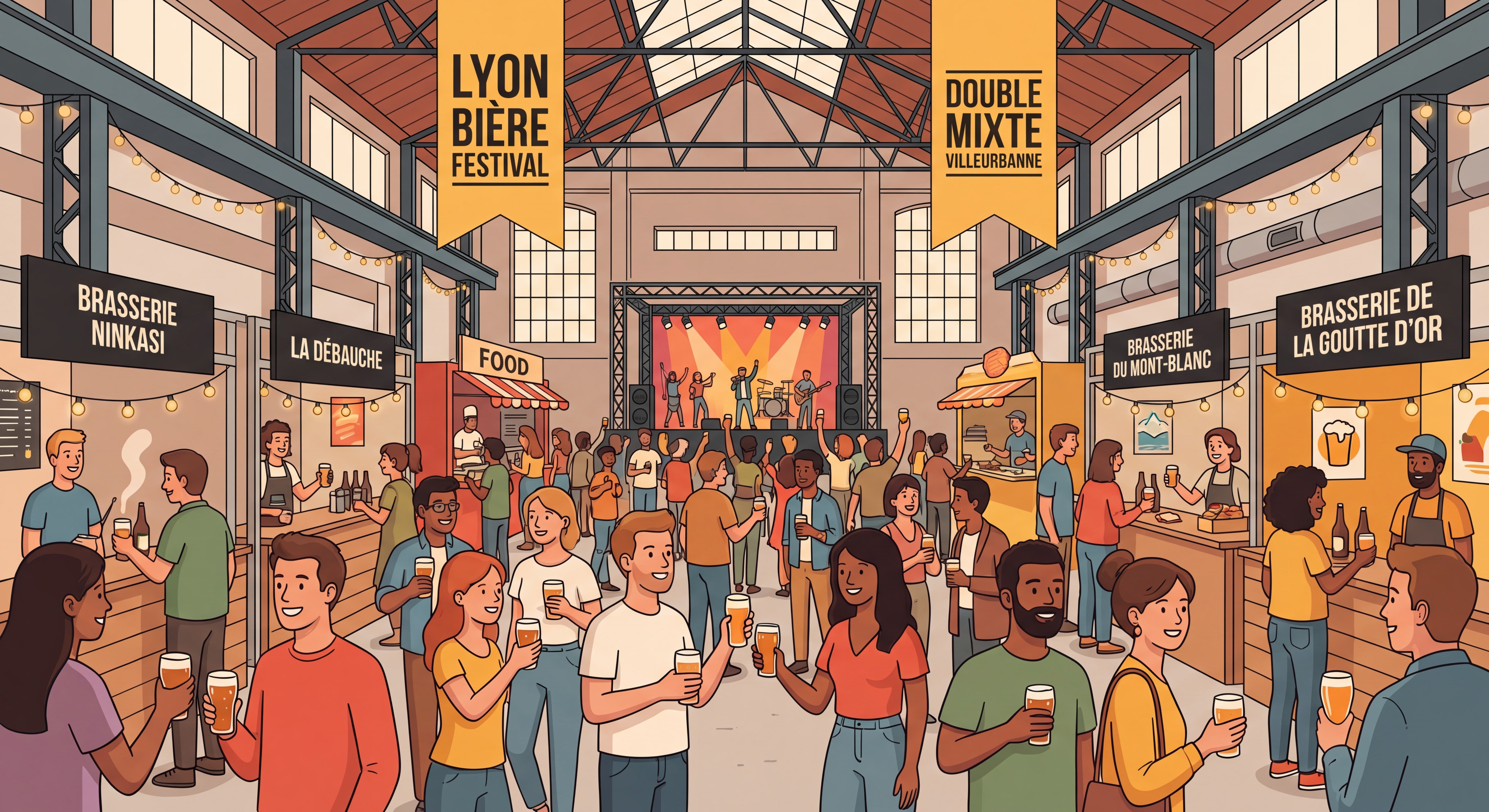 Ambiance festive au Lyon Bière Festival au Double Mixte de Villeurbanne — foule de passionnés, verres levés, stands de brasseries artisanales françaises