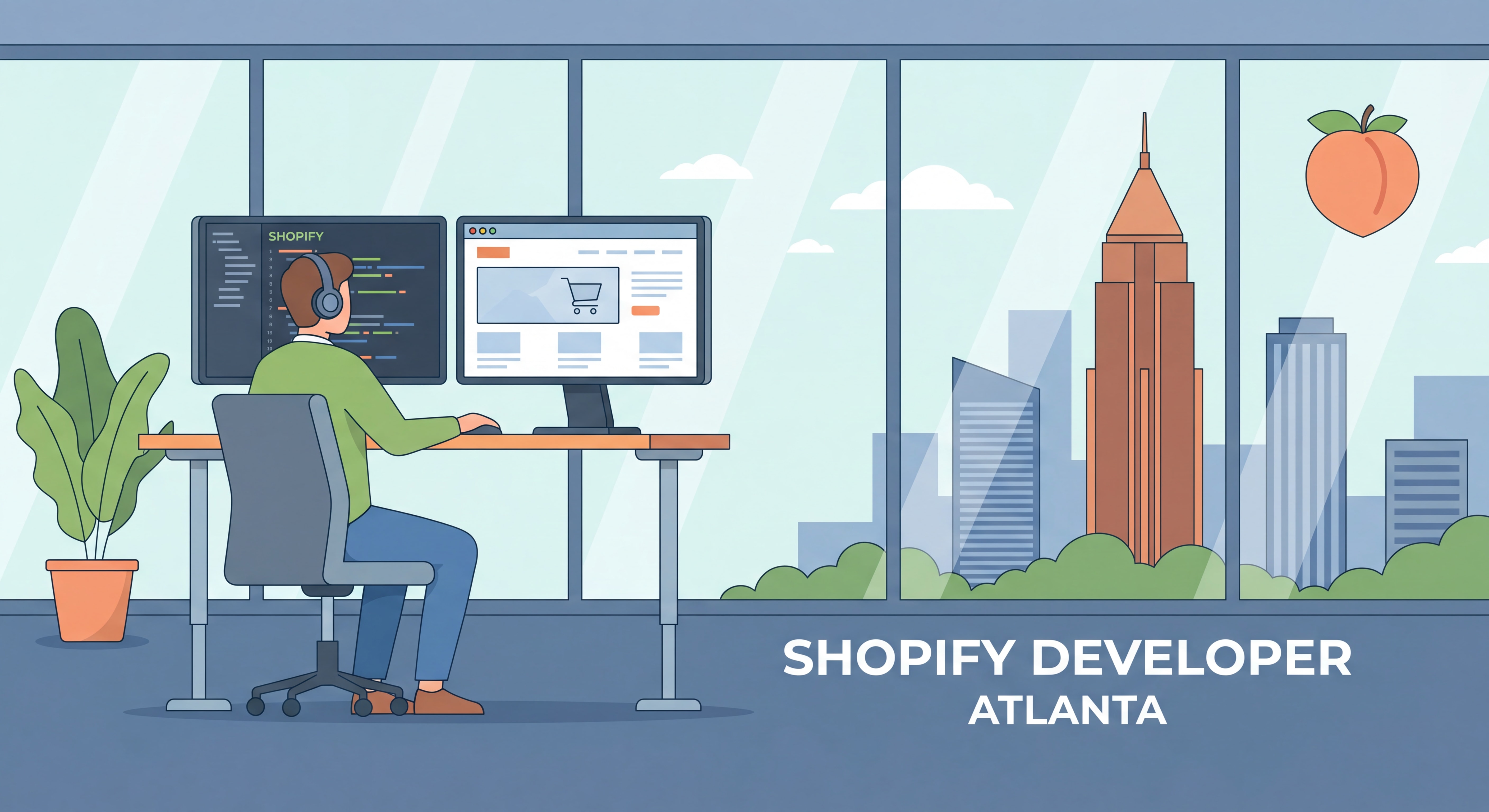Shopify developer Atlanta working on ecommerce web design on dual monitors in a modern Atlanta office