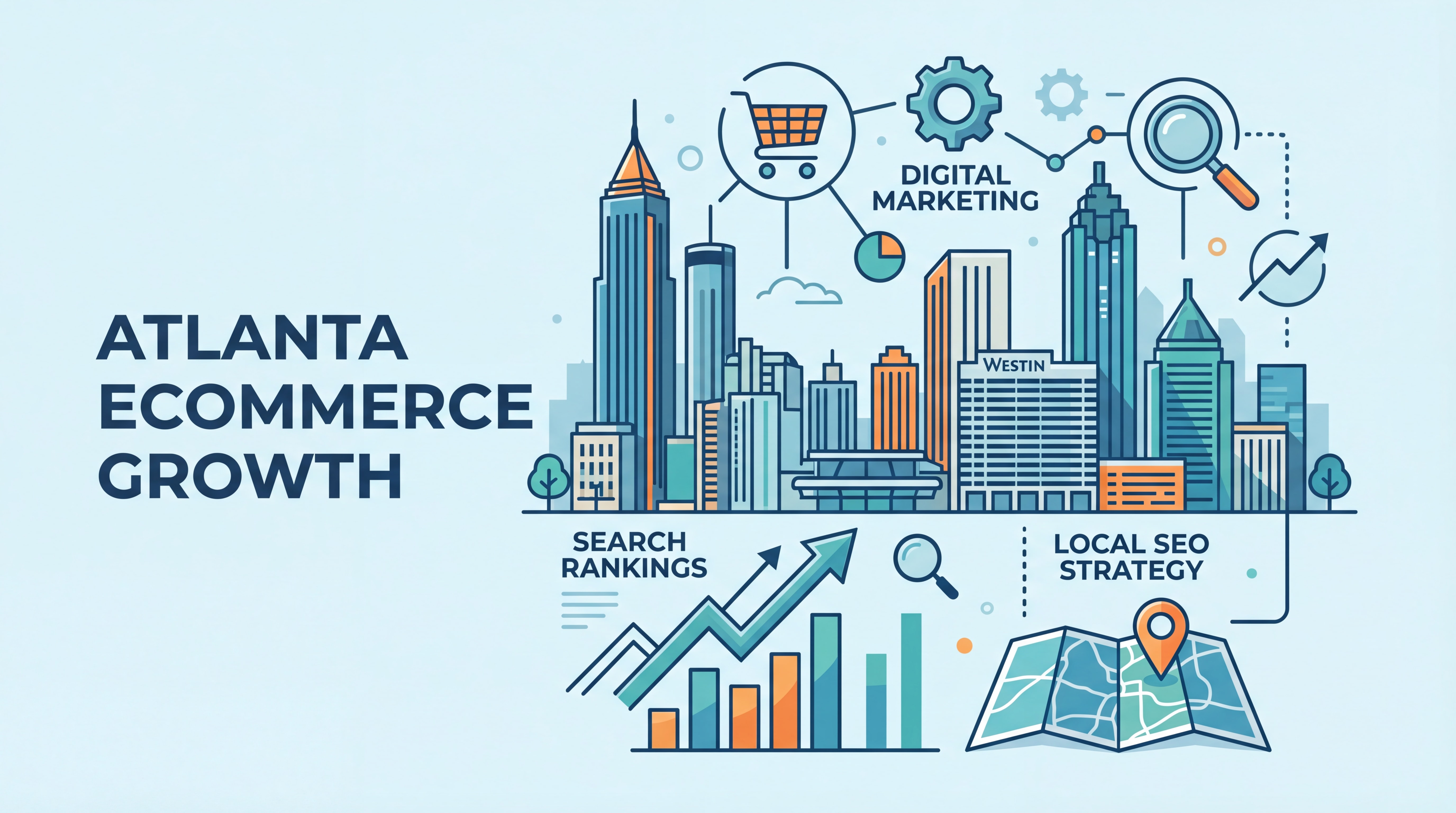 Atlanta skyline digital marketing ecommerce local SEO strategy illustration with search rankings