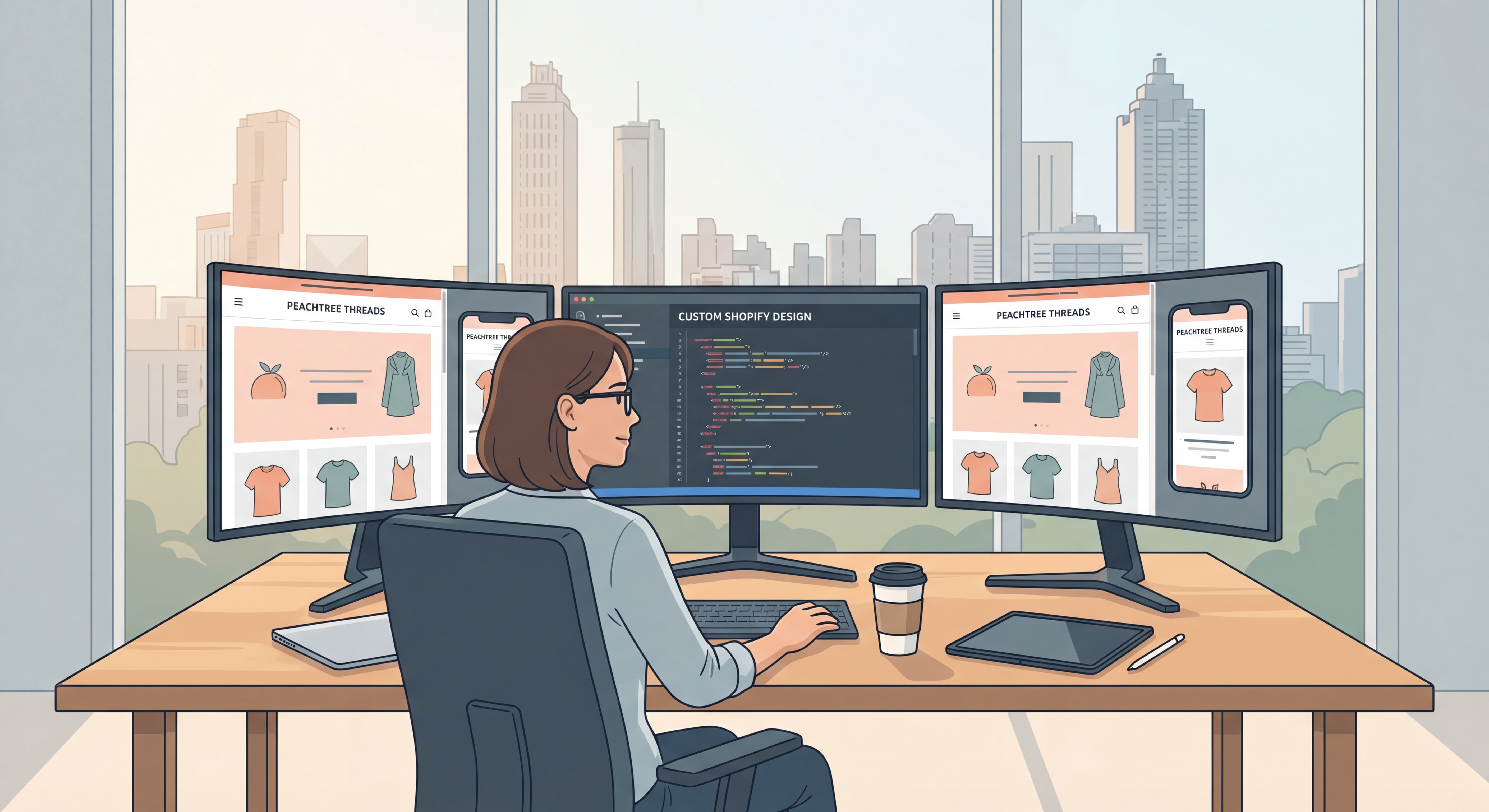 Atlanta web developer working on custom Shopify ecommerce website design with multiple screens showing mobile and desktop versions