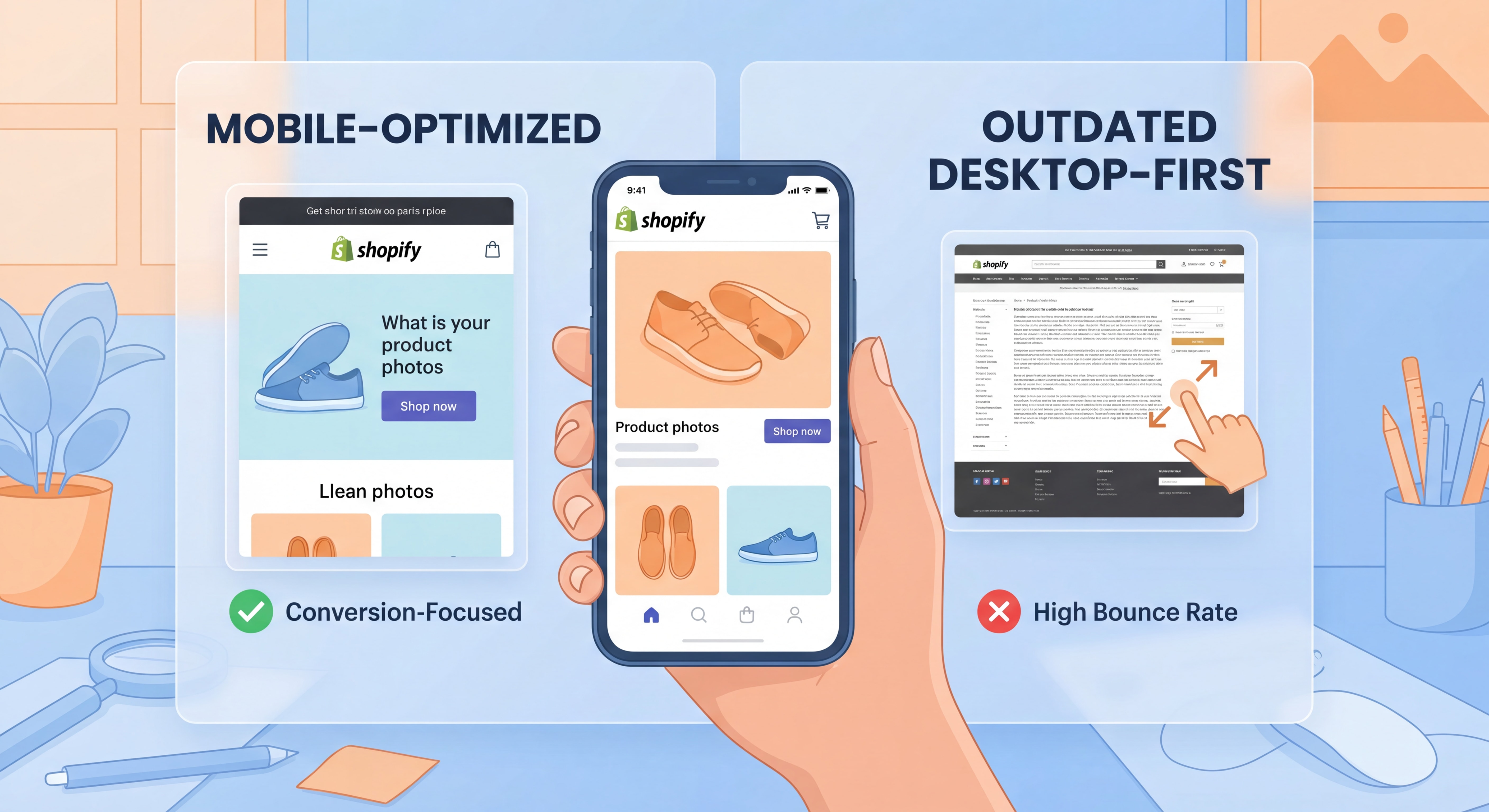 Side-by-side comparison of mobile-optimized Shopify ecommerce web design versus outdated desktop-first layout on smartphone screen