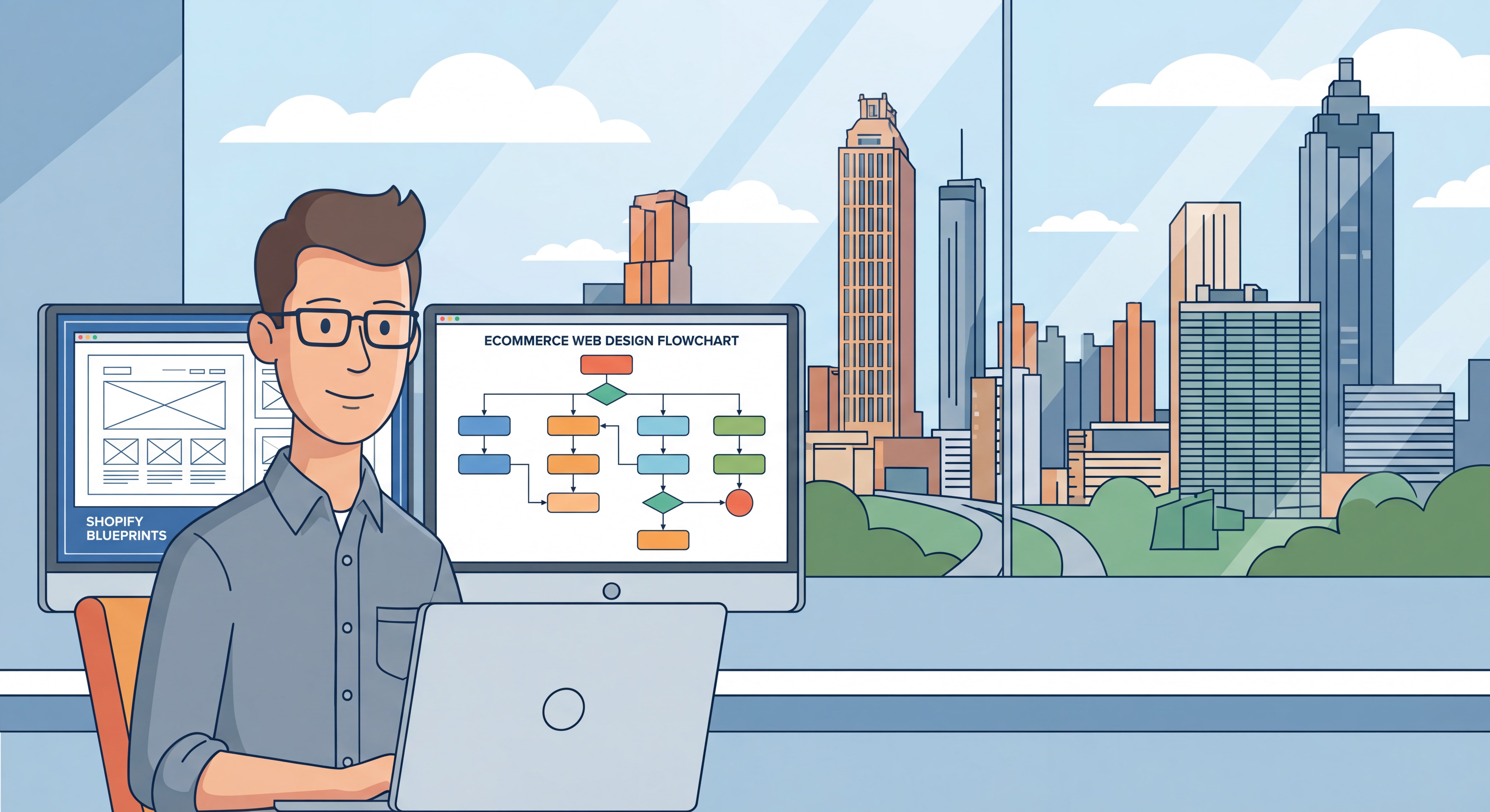 Expert Shopify developer in Atlanta reviewing ecommerce web design blueprints on dual monitors with Atlanta skyline in background