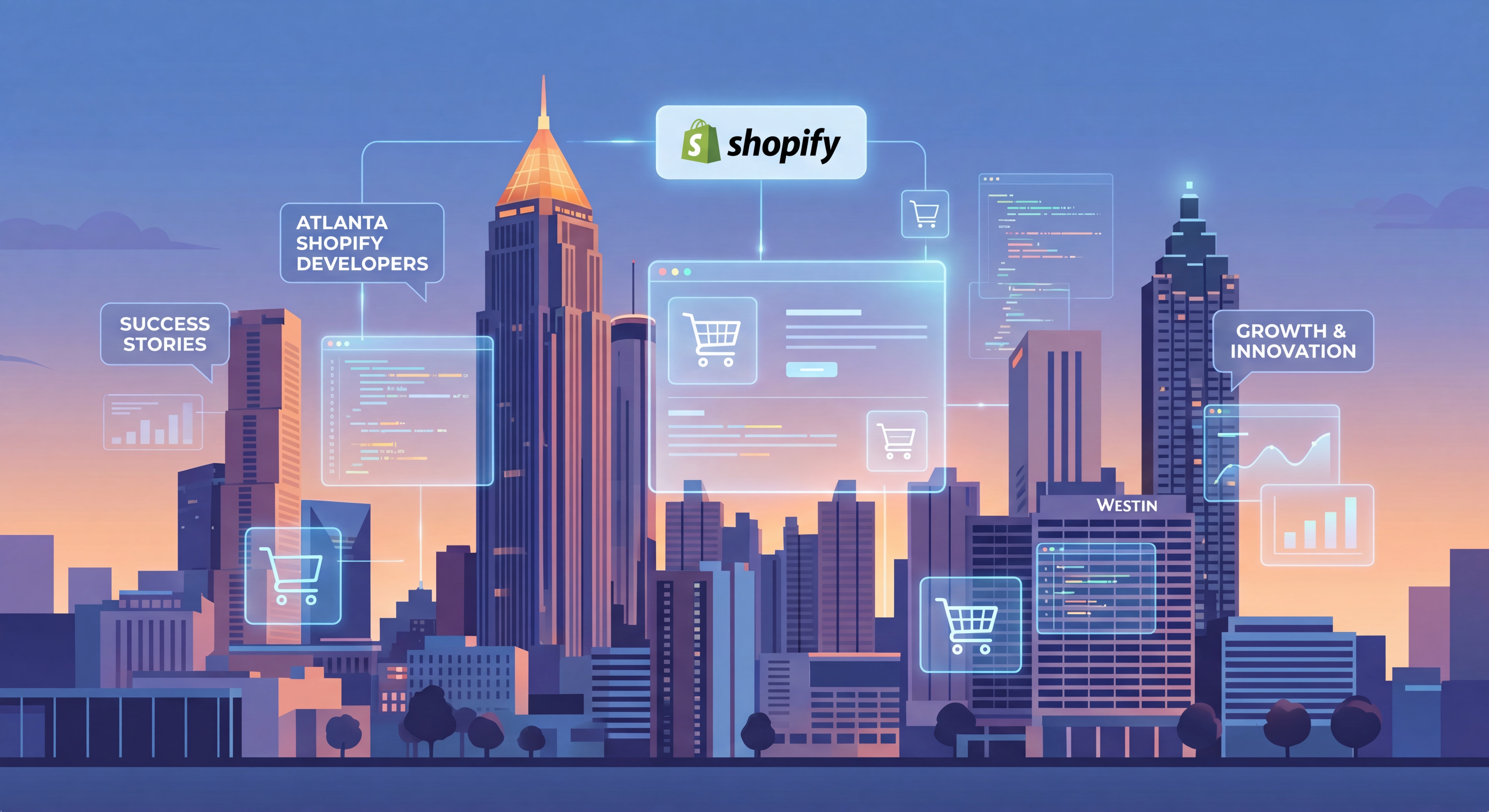 Atlanta skyline with digital ecommerce overlay representing Shopify developer success stories in Atlanta Georgia