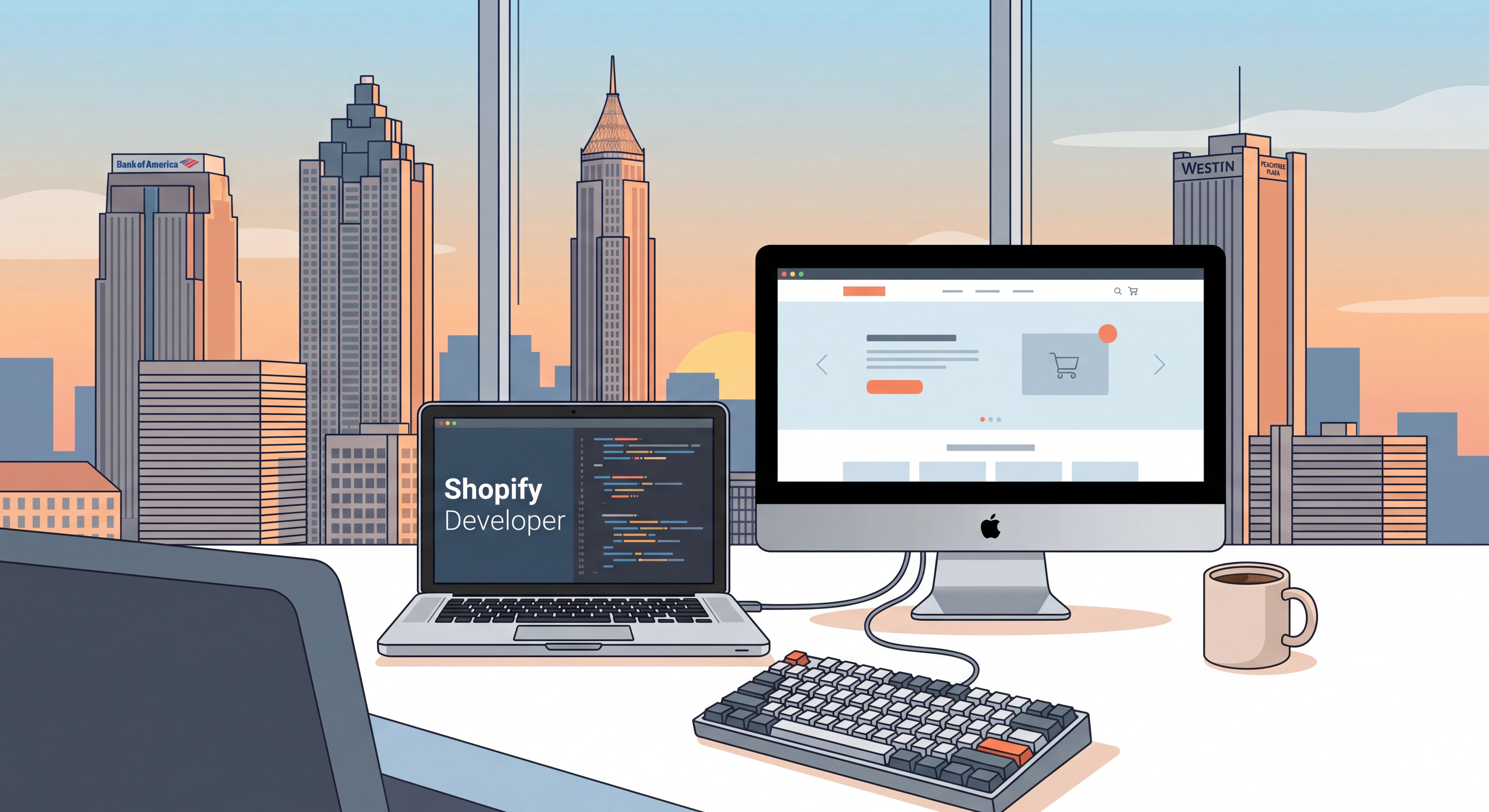 Shopify developer Atlanta ecommerce web design workspace with Atlanta skyline in background
