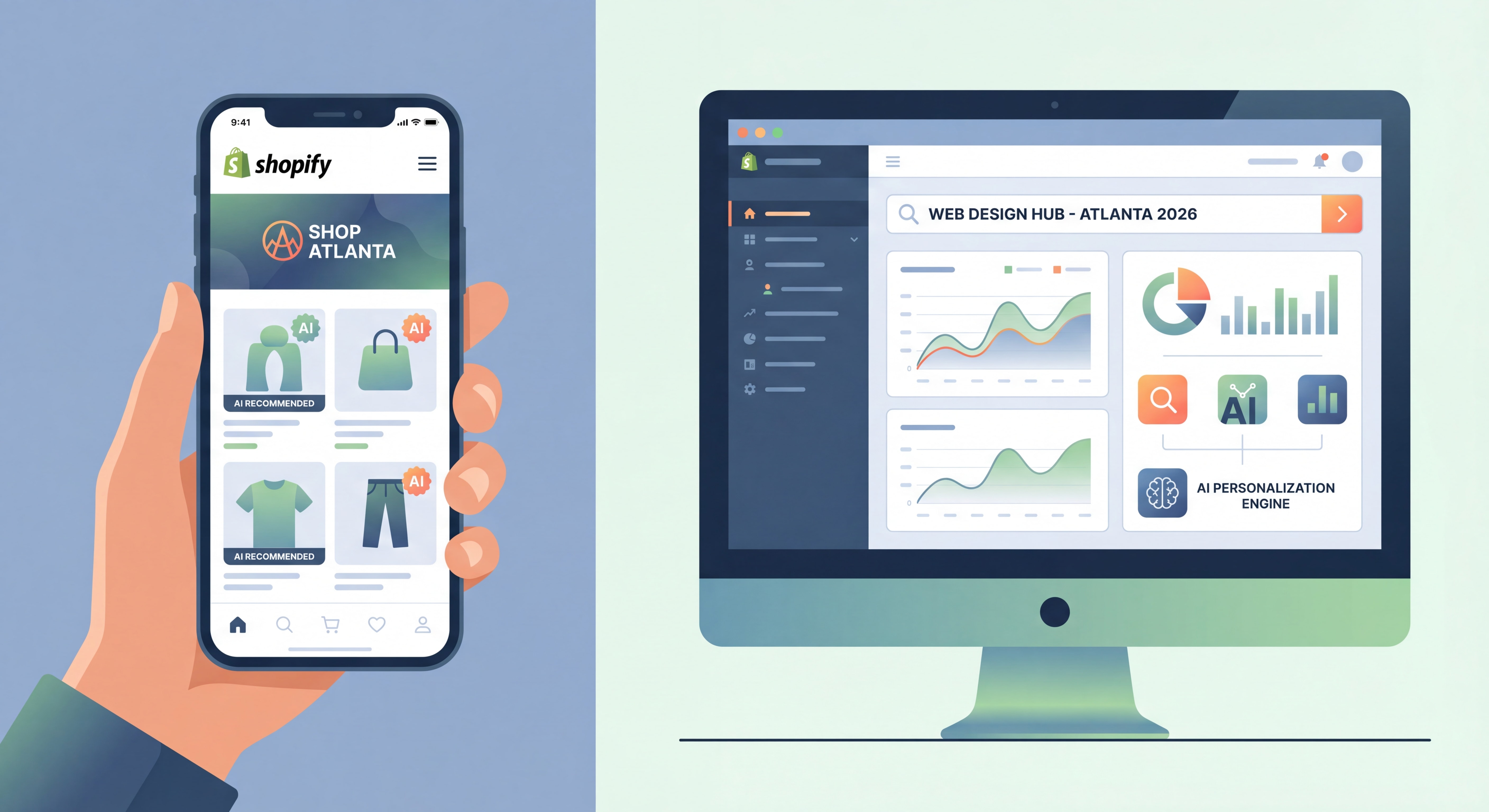 Modern ecommerce web design Atlanta 2026 showing mobile-first Shopify storefront with AI personalization features