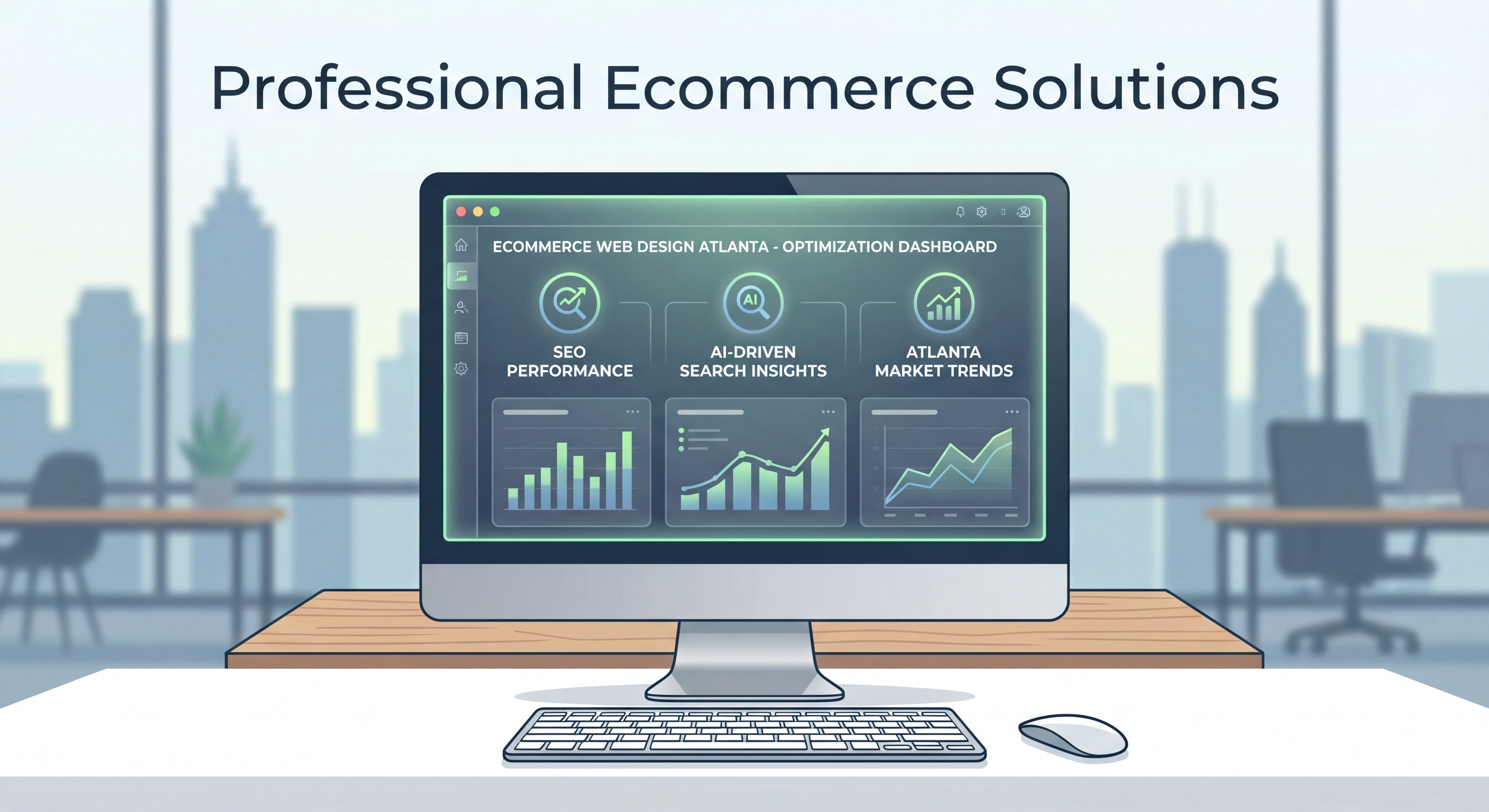 Ecommerce web design Atlanta showing SEO and AI search optimization dashboard on screen