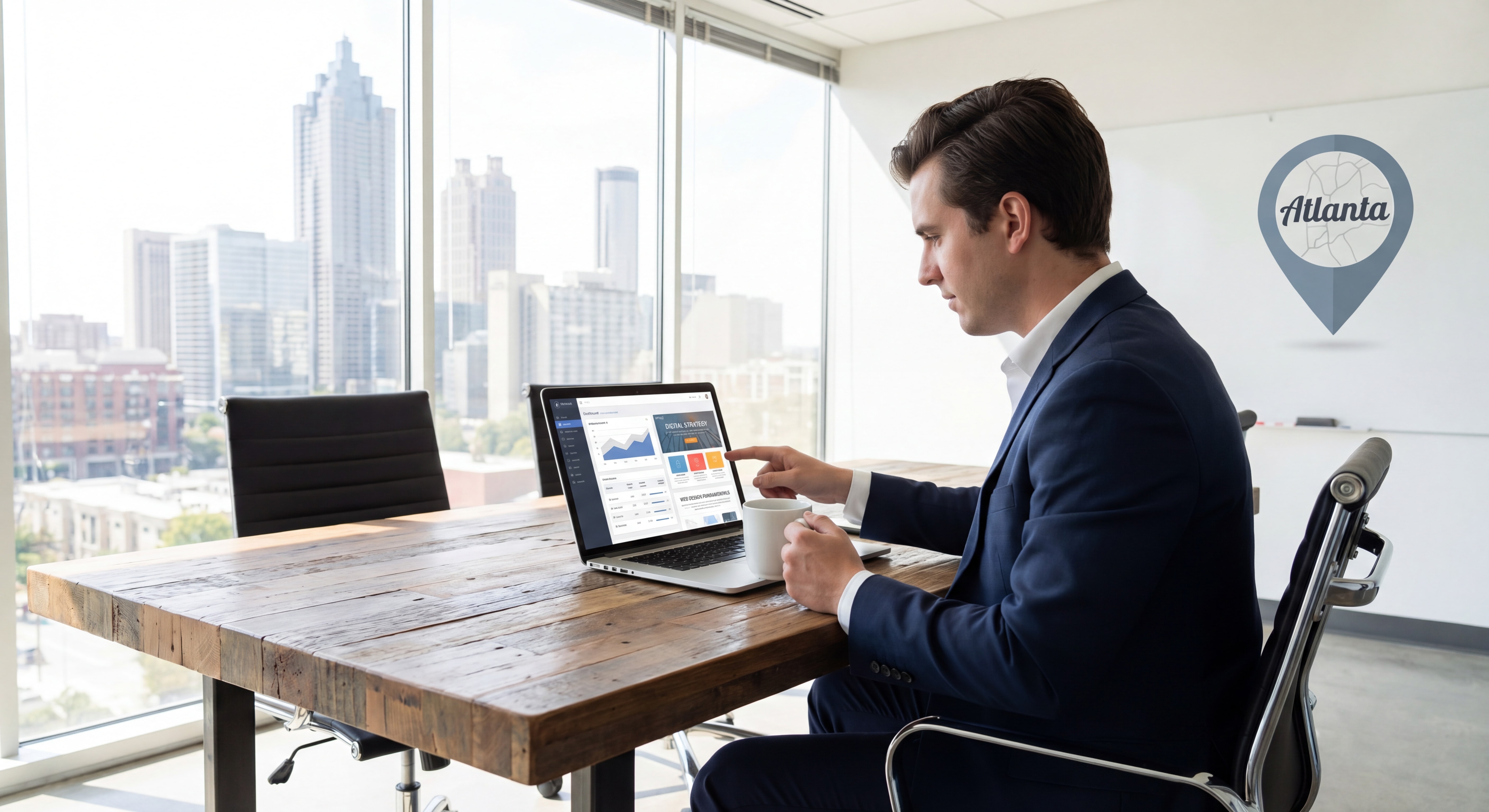 Atlanta business owner reviewing website design and digital marketing fundamentals on a laptop in a modern Midtown office