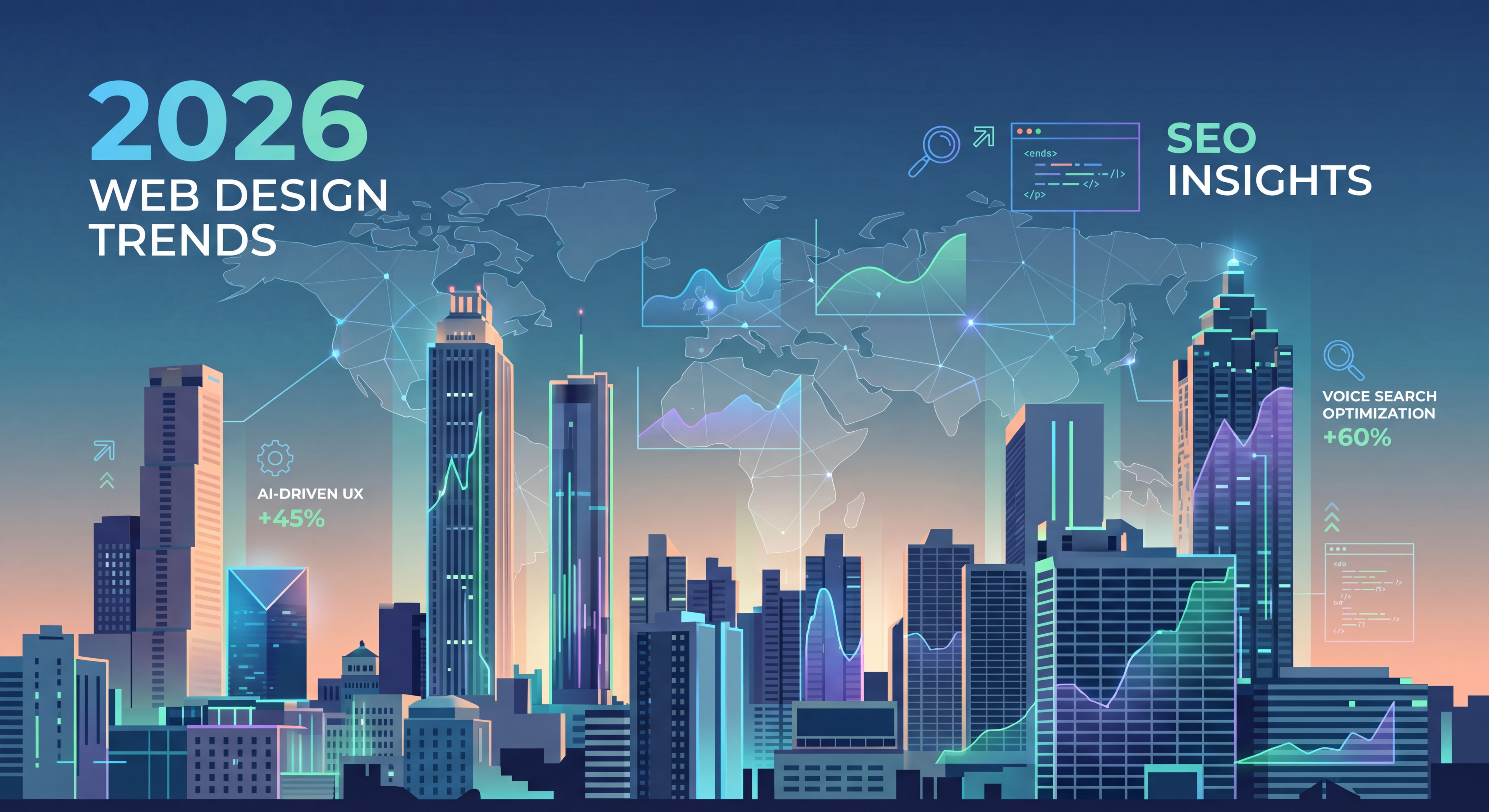 Atlanta skyline with digital marketing data overlays representing web design and SEO trends in 2026