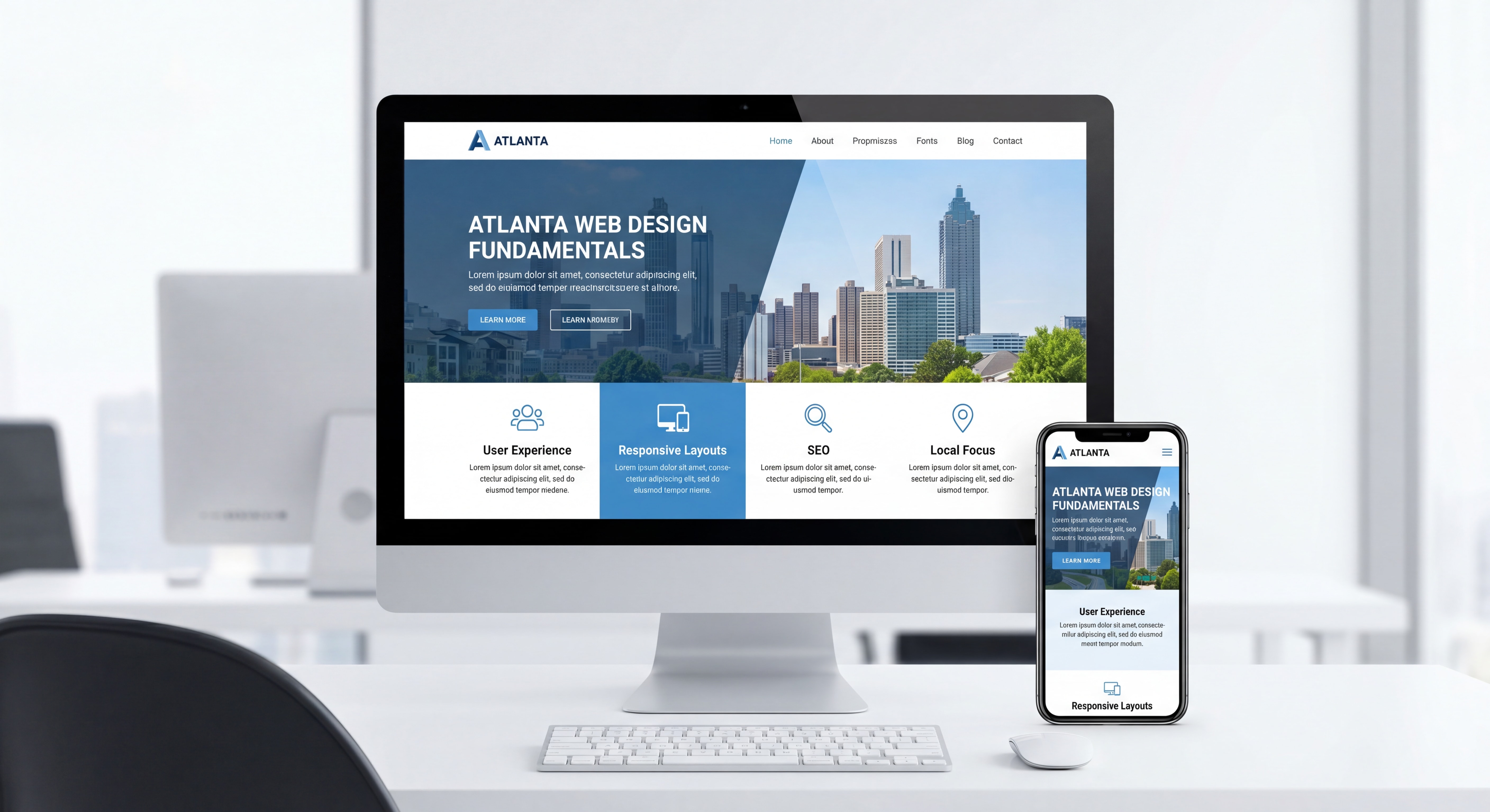 Clean professional website layout displayed on desktop and mobile screens representing web design Atlanta fundamentals