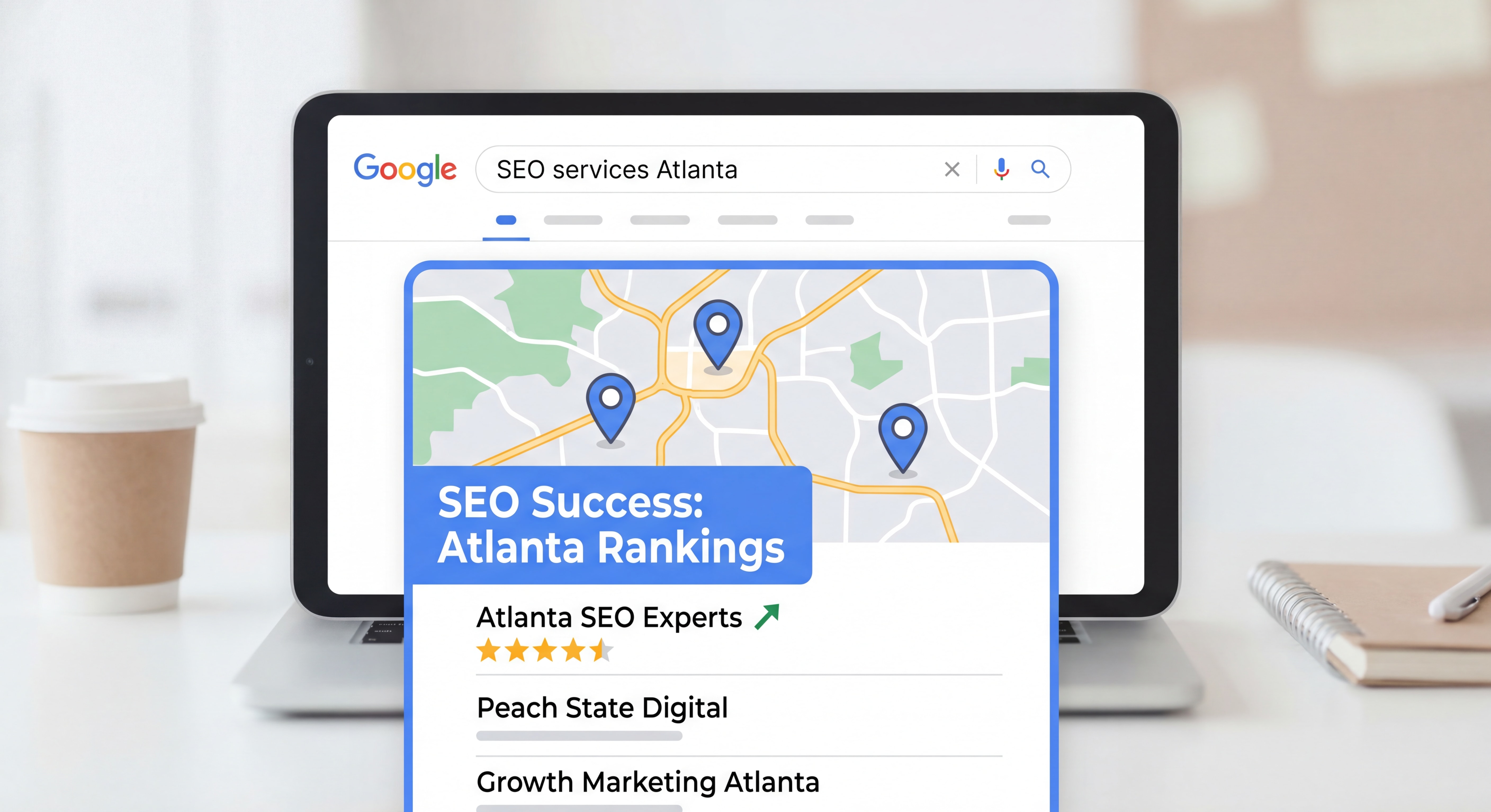 Google search results showing local Atlanta business ranking in map pack representing SEO services Atlanta success
