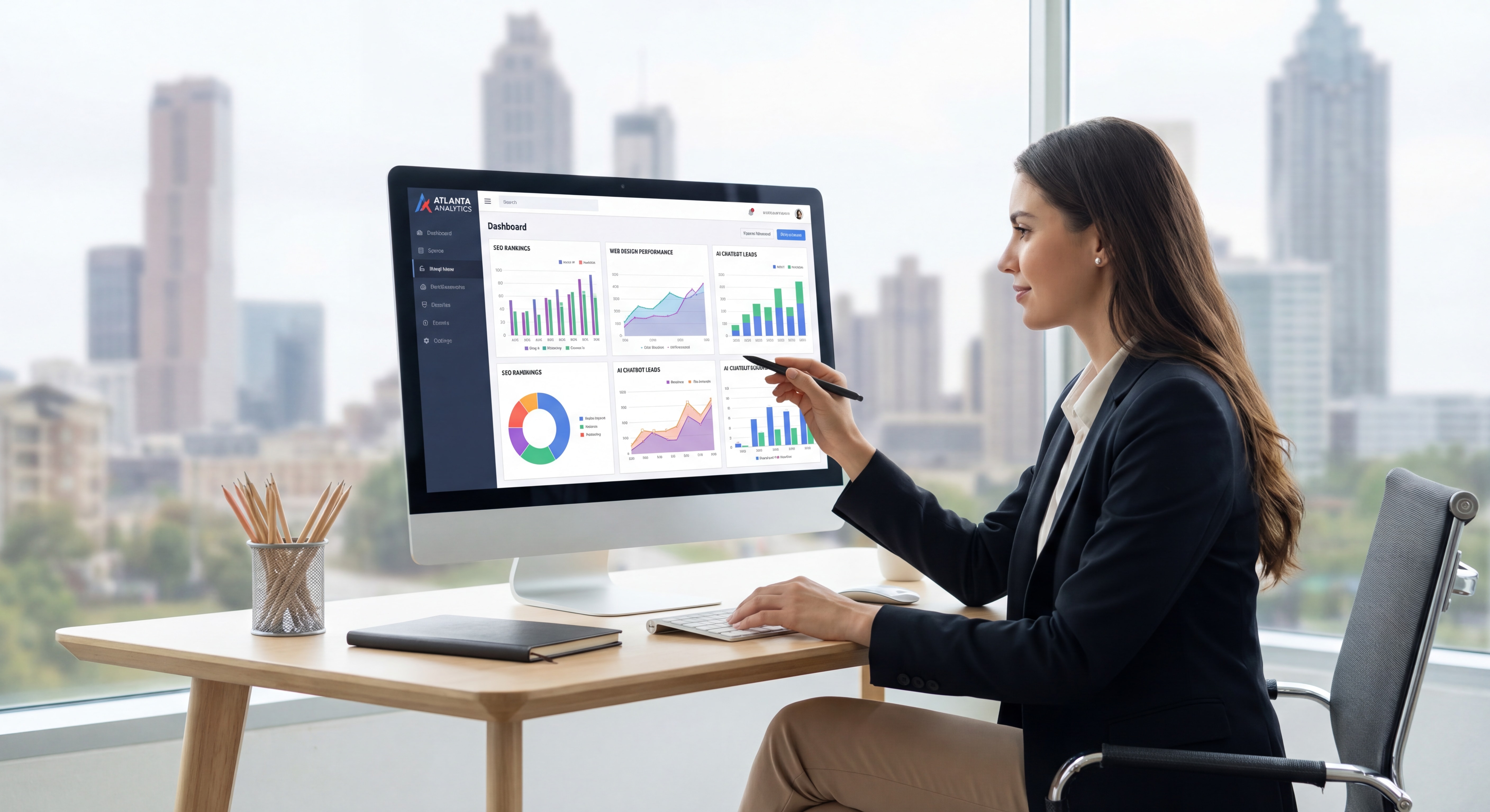 Atlanta business owner reviewing digital marketing analytics dashboard showing SEO rankings web design performance and AI chatbot lead data