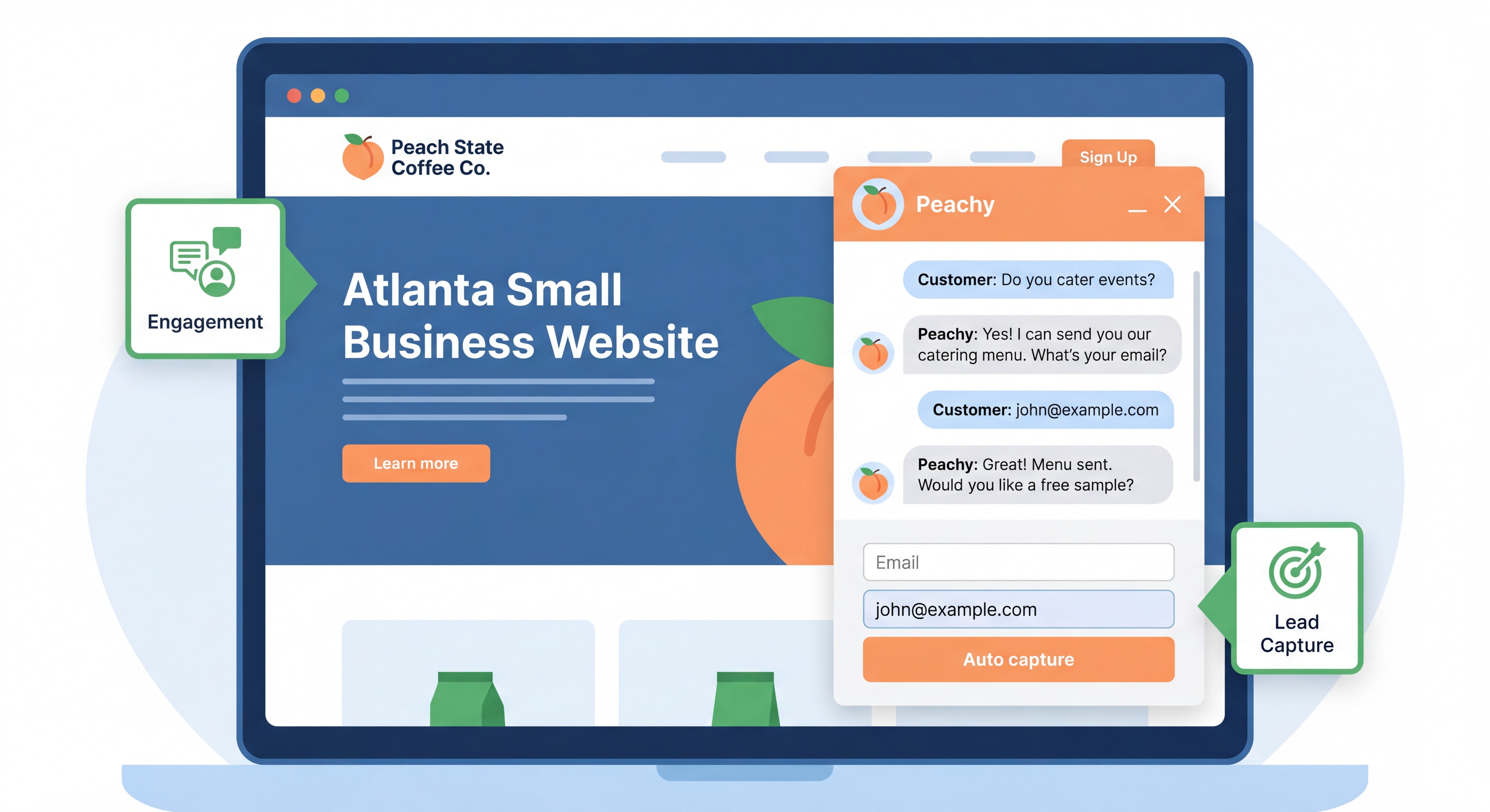 AI chatbot interface on Atlanta small business website showing customer engagement and lead capture automation