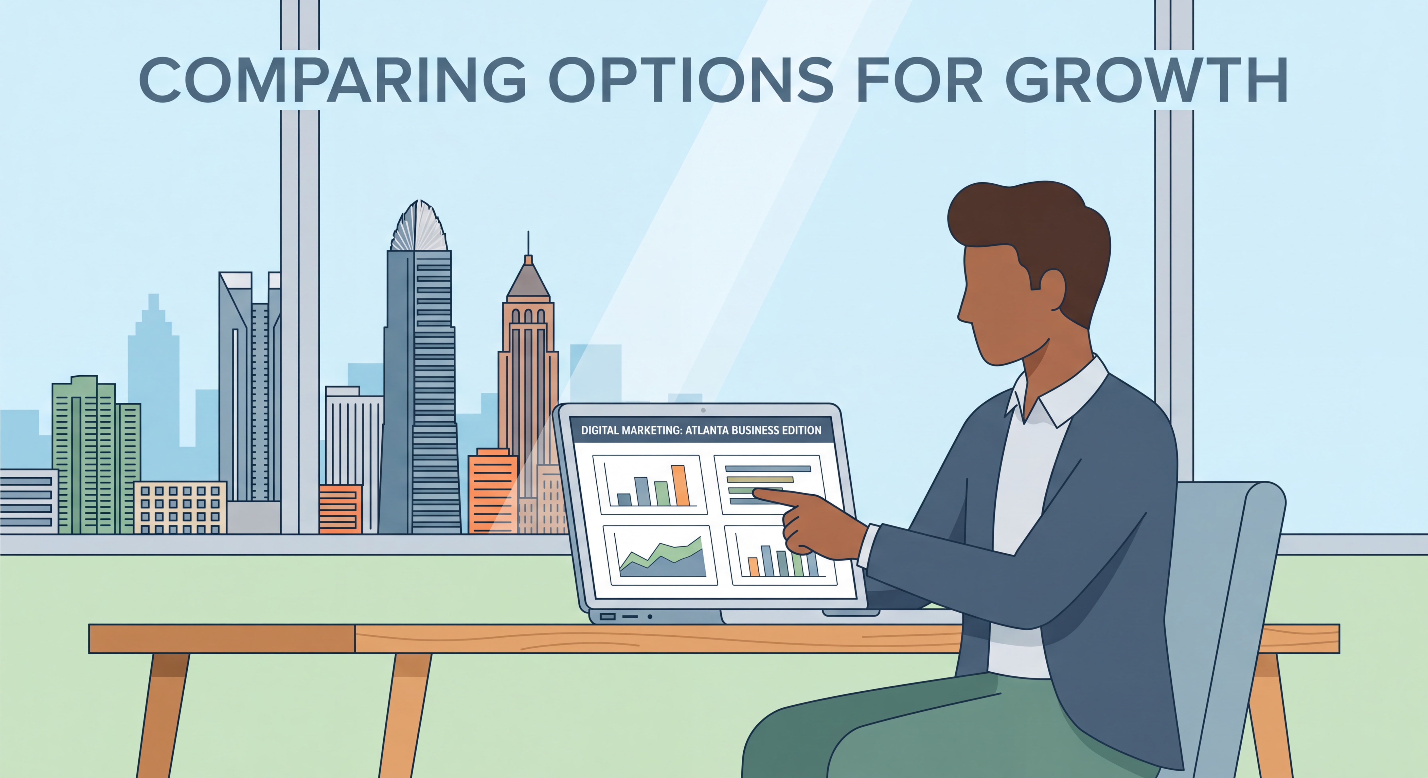 Atlanta business owner comparing digital marketing options on a laptop with the Buckhead skyline in the background
