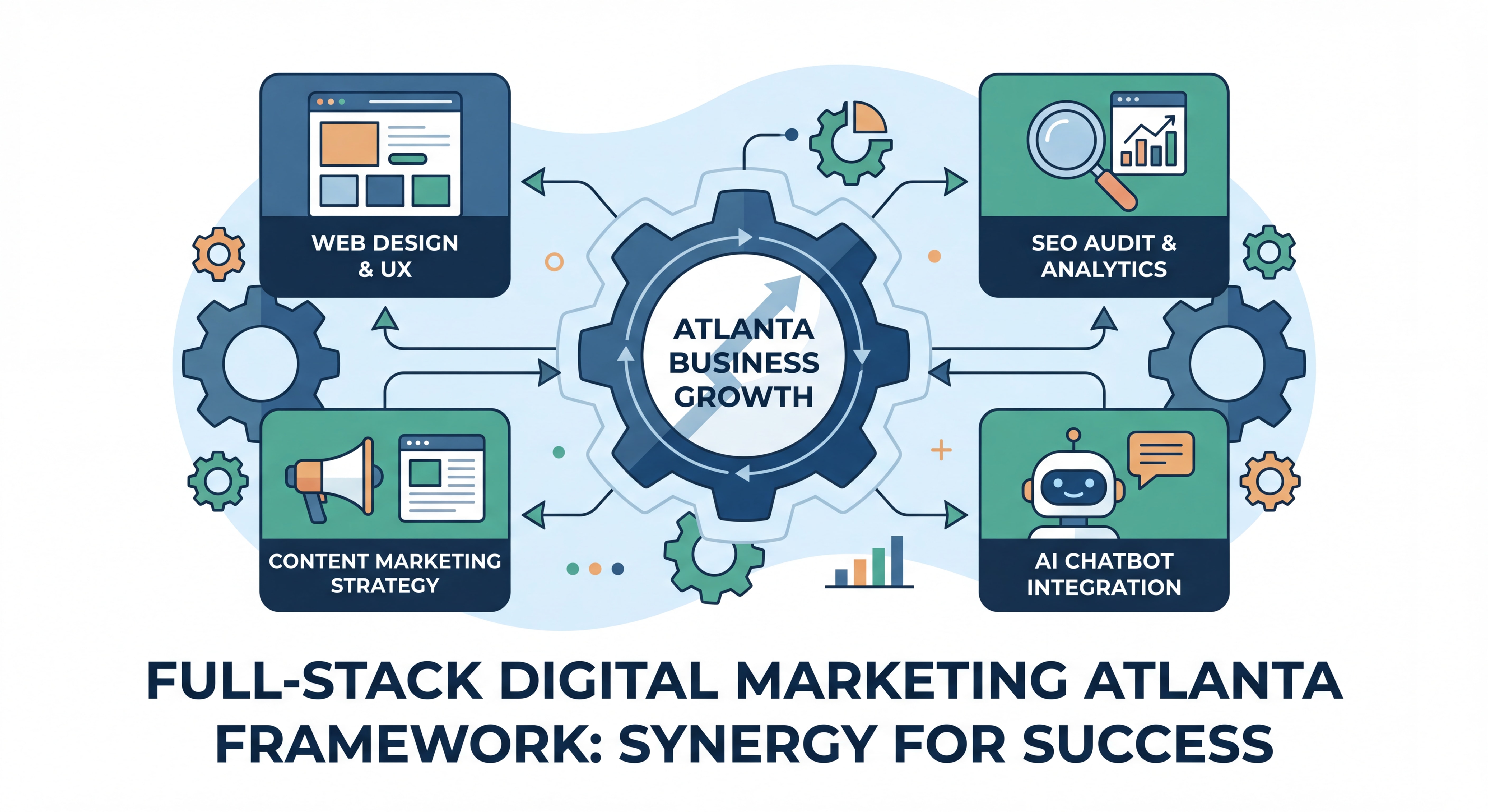 Full-stack digital marketing Atlanta framework diagram showing web design, SEO audit, content marketing, and AI chatbot integration working together for Atlanta business growth